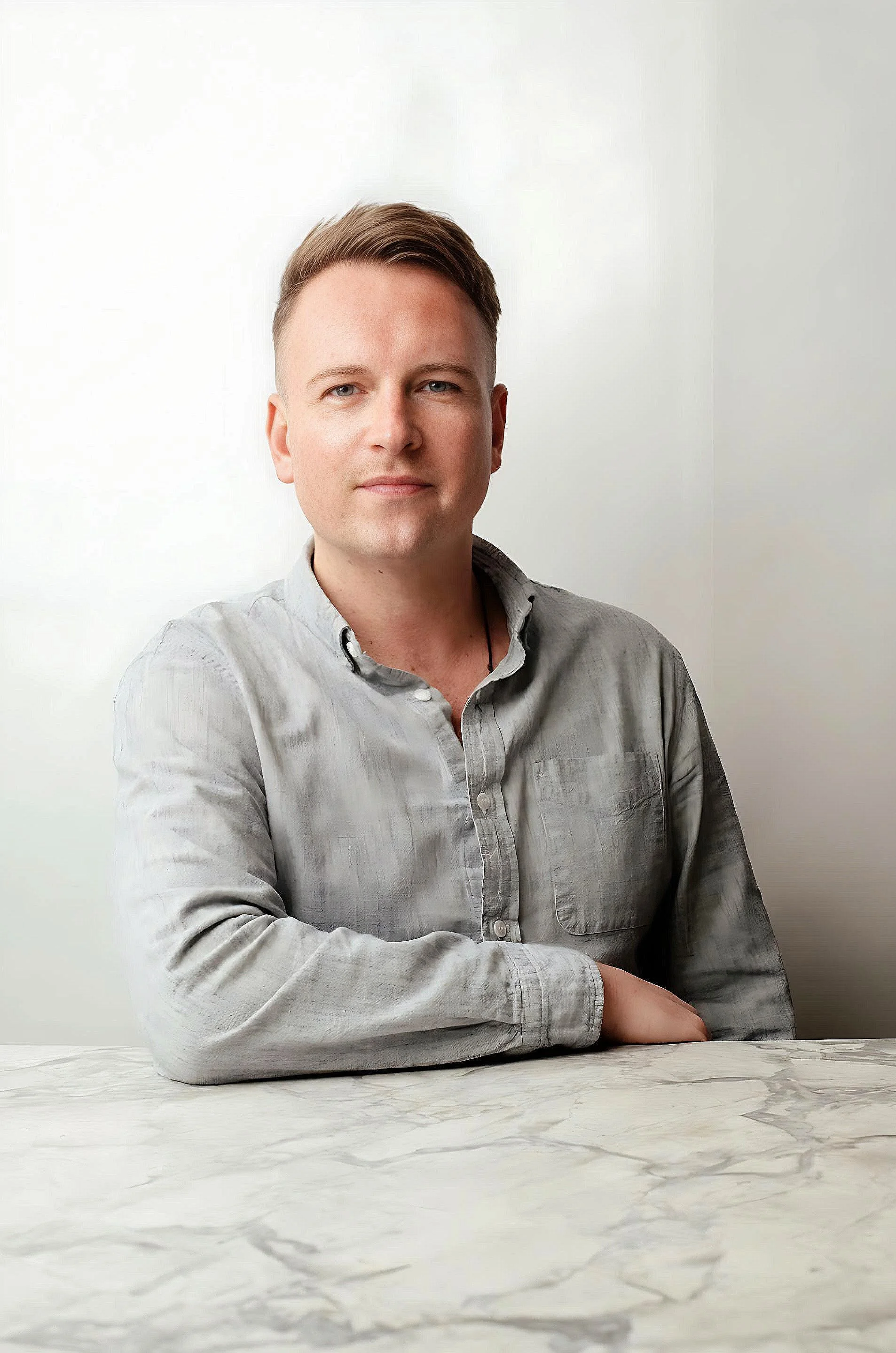 A man with short light brown hair and fair skin, wearing a gray button-up shirt, sitting at a white marble table against a plain, light-colored background.