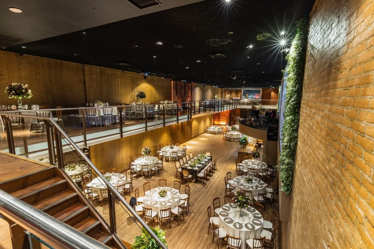 A venue with multiple floors ready for an event