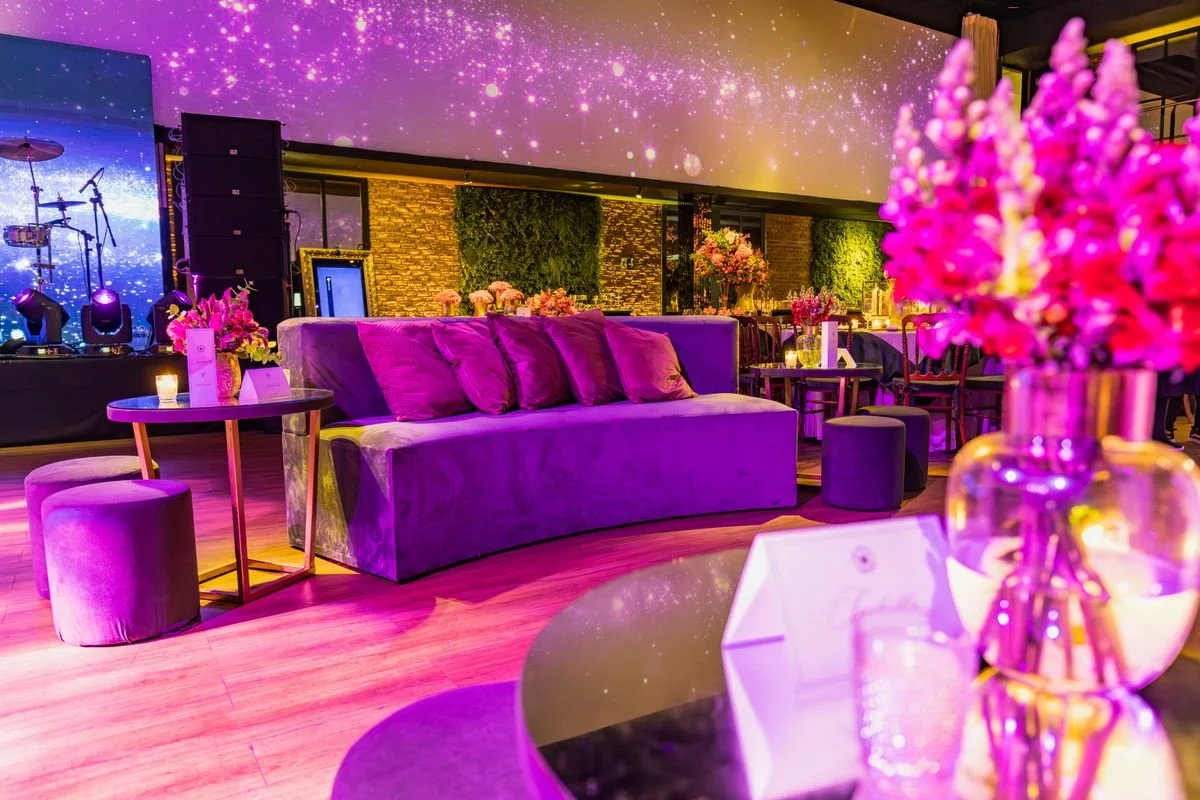 A bunch of seating ready for a catered event