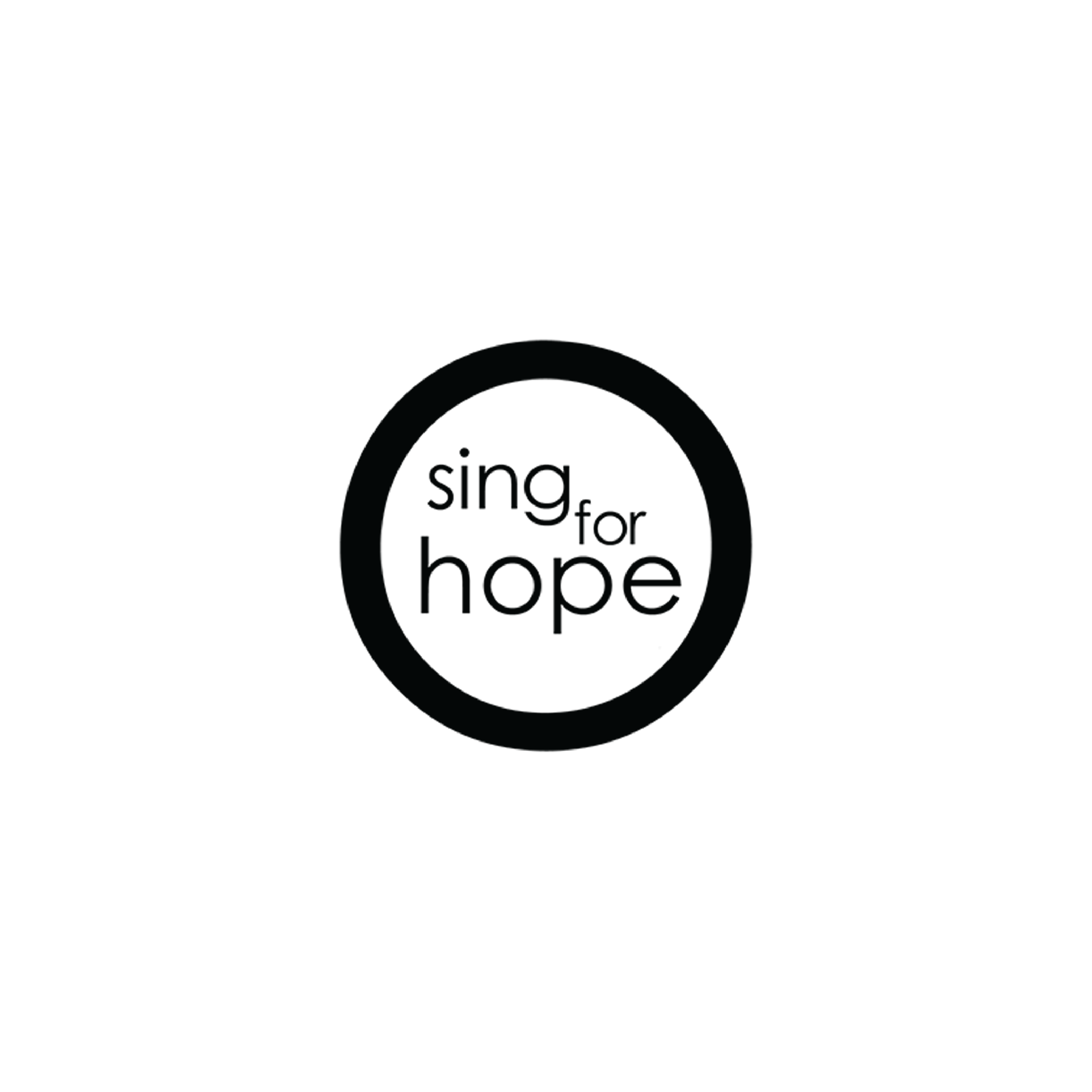 Logo with a black circle containing the words 'sing for hope' in lowercase letters.
