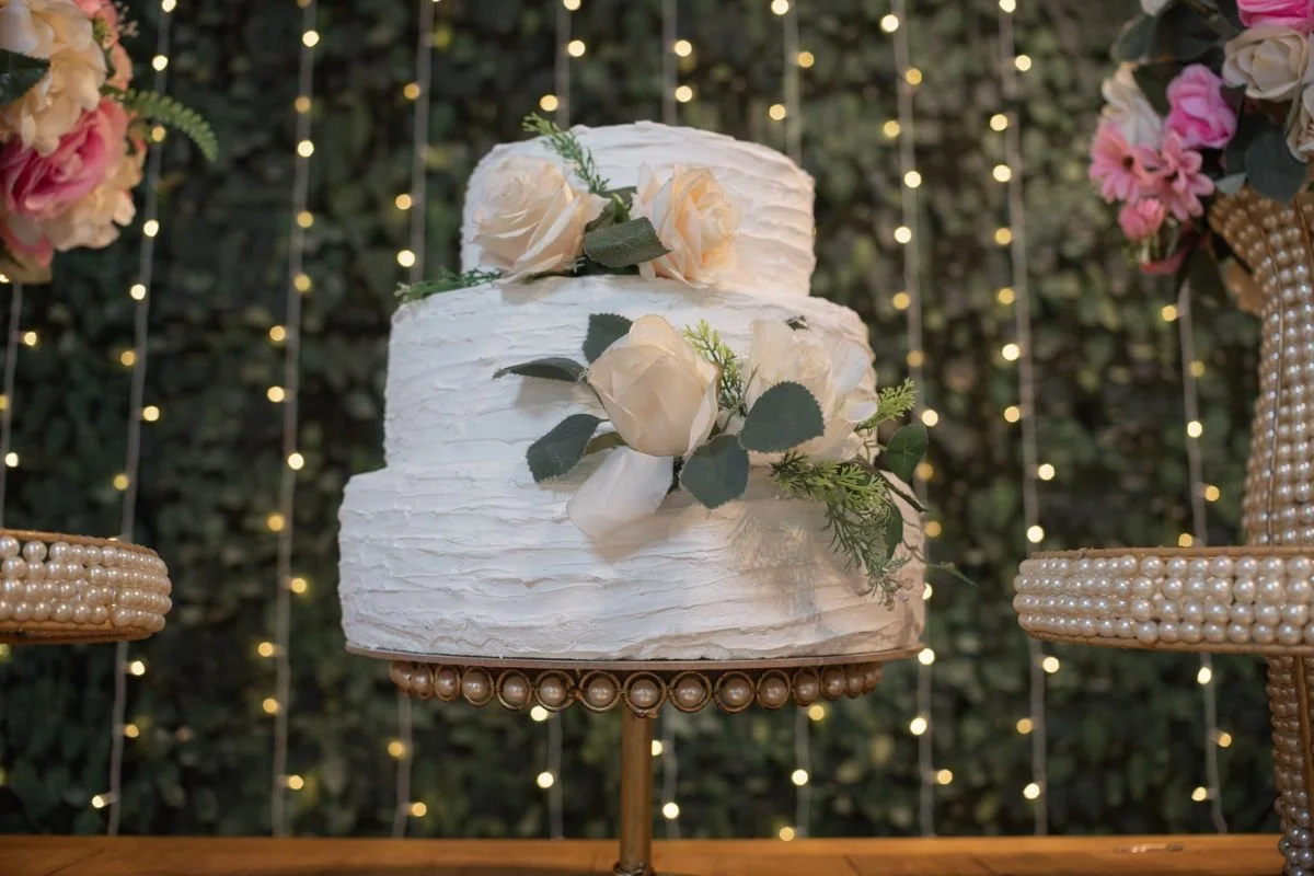 A wedding cake sitting on a table