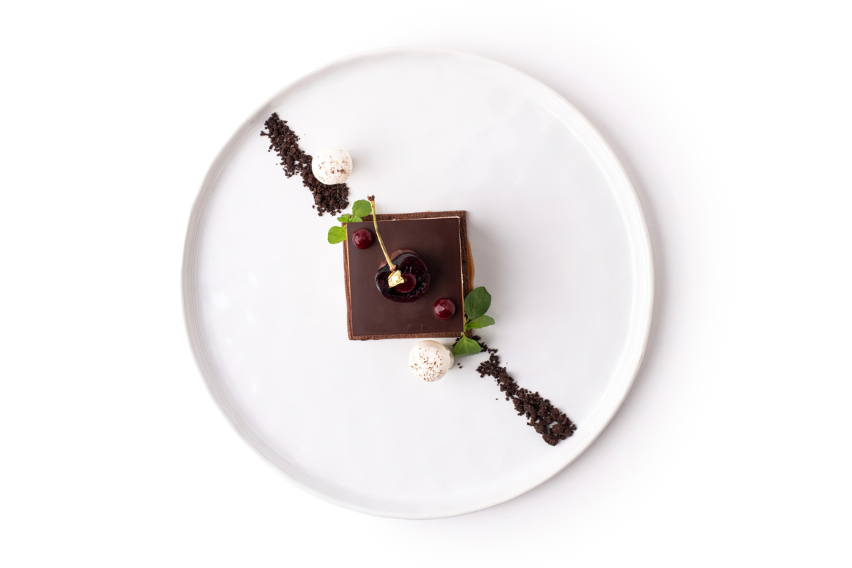 A plate of dessert sitting on a counter