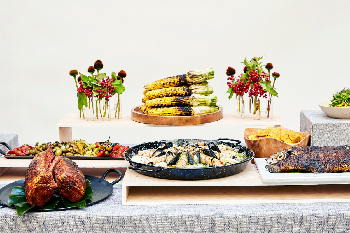 A platter of food on a table