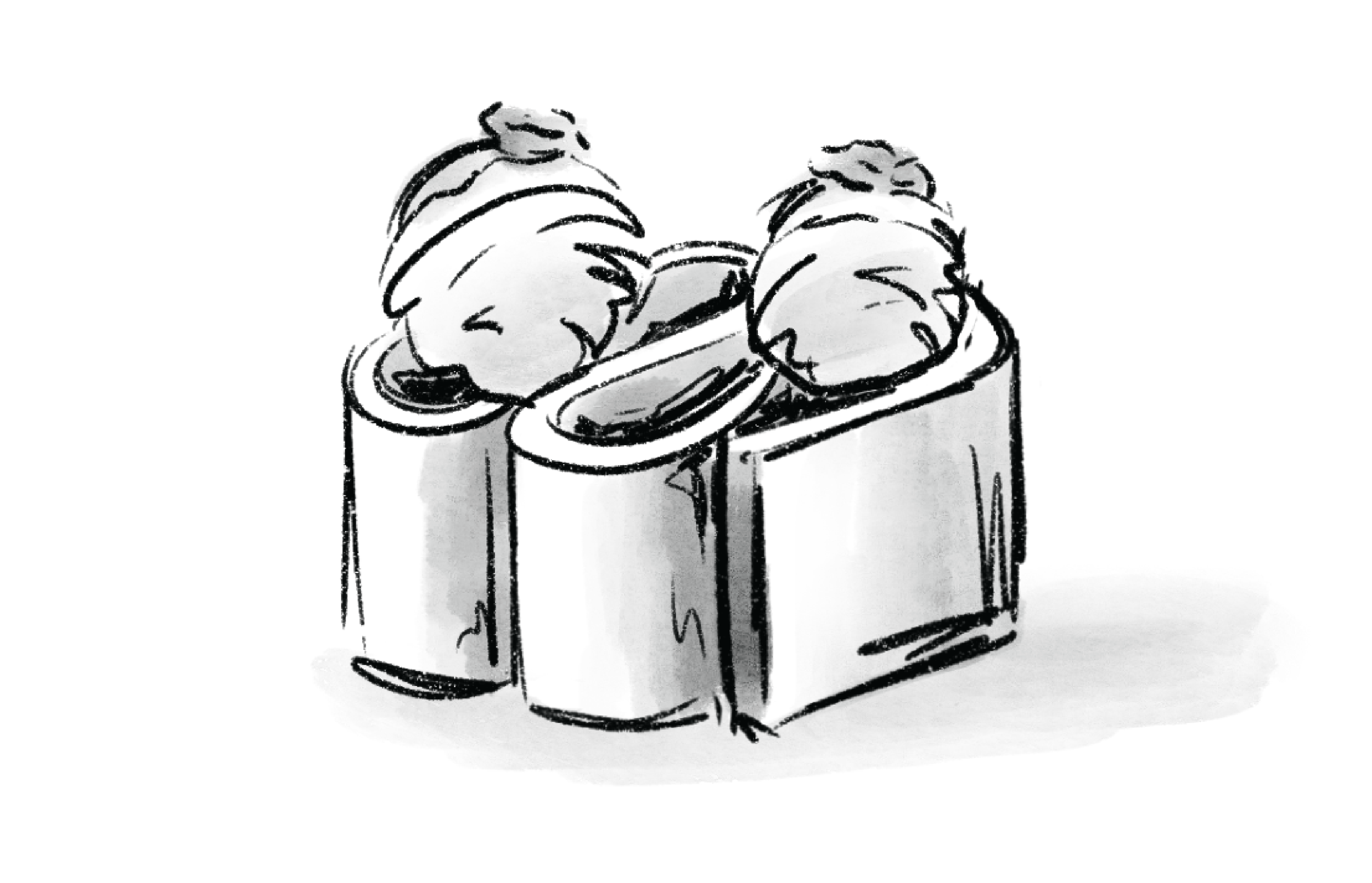 Silhouette of three coffee cups with saucers and spoons on a tray.