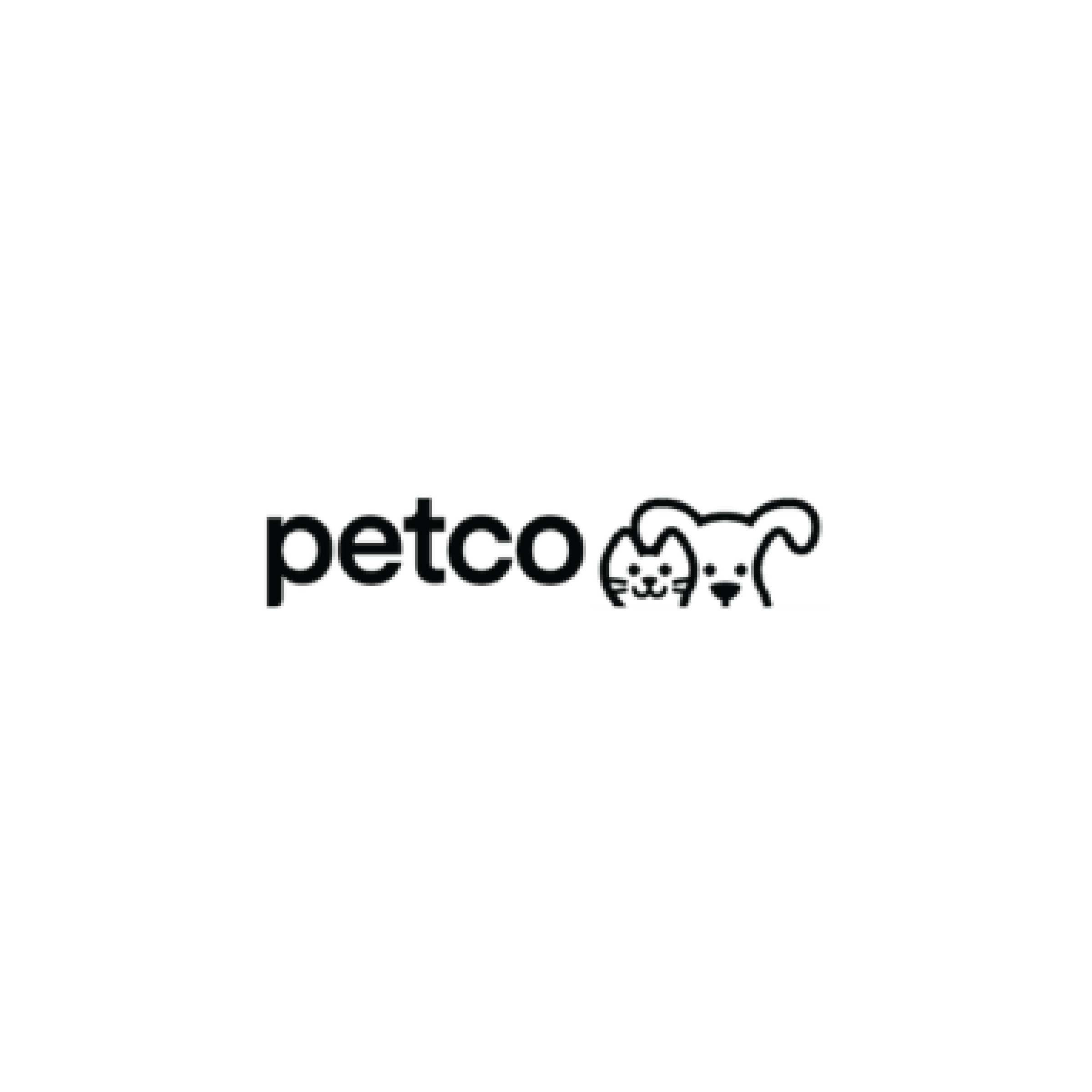 Black and white logo for Petco, featuring a silhouette of a dog and a cat, with the word Petco underneath.