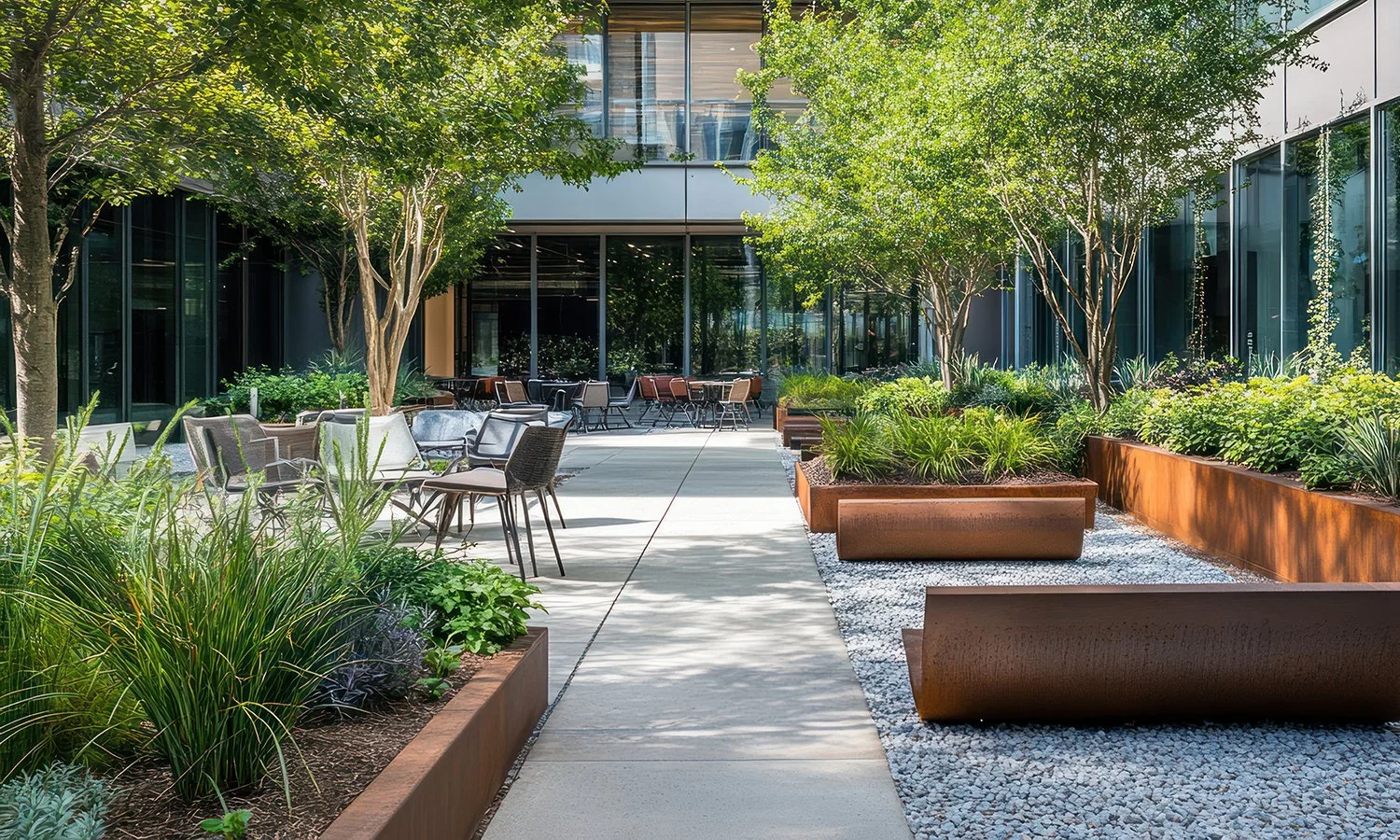 Commercial concrete patio outside of an office building in Columbus, Ohio.