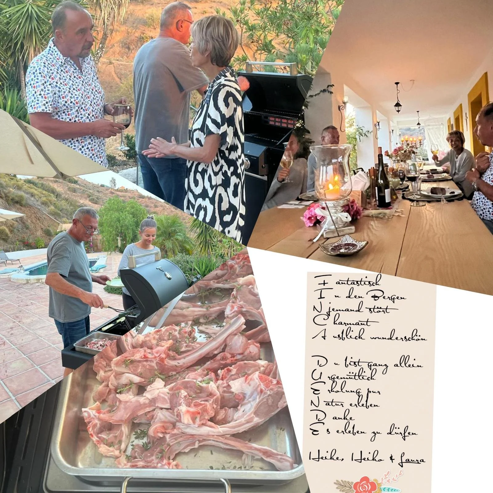 Eine Collage von vier Fotos. Das erste zeigt drei Personen beim Grillen im Garten, das zweite eine Damenrunde beim Abendessen mit Kerzen, das dritte eine Person beim Grillen von Fleisch im Außenbereich, und das vierte ist eine handgeschriebene Karte mit einem Gedicht auf Deutsch.