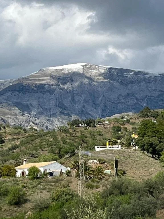 Hügel mit Bäumen und Häusern im Vordergrund, Berge im Hintergrund, dunkler Himmel mit Wolken.