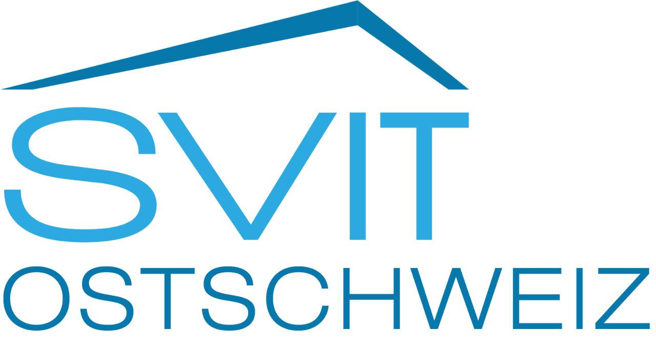 Logo mit einer schwarzen Dachliniengrafik, die auf das Wort SVIIT und den Schriftzug OSTSCHWEIZ in blauer Farbe zeigt.