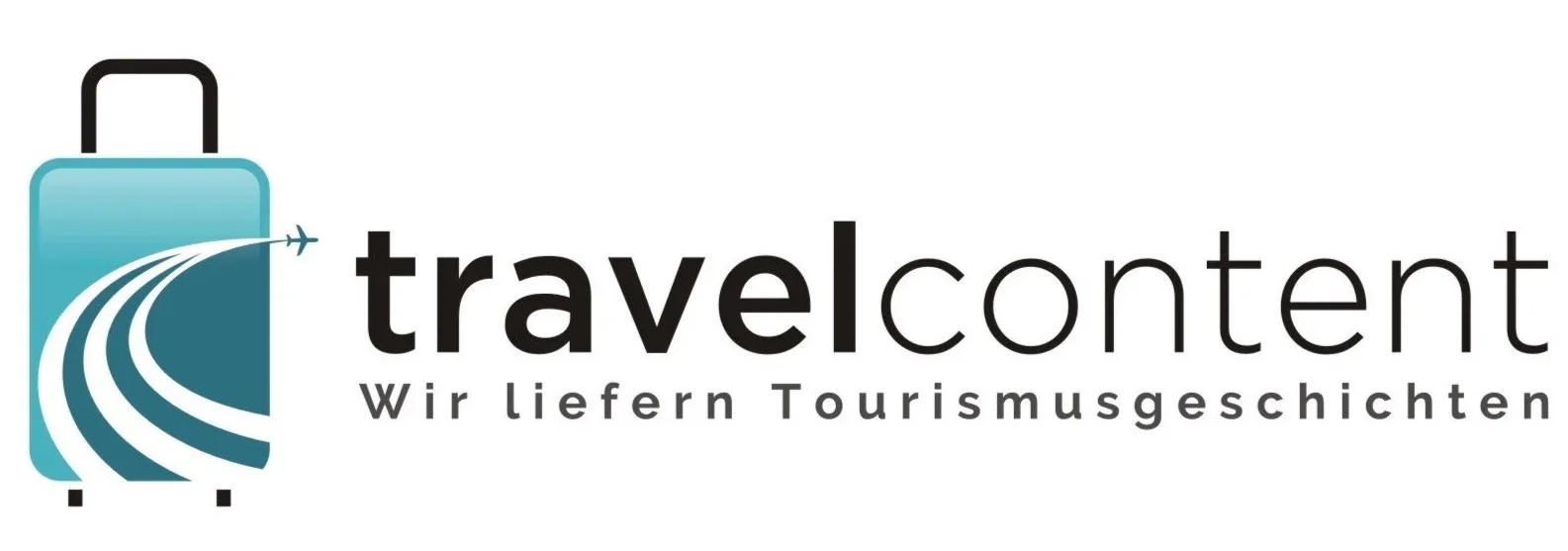 Logo mit einem blauen Koffer, einer Flugzeug-Illustration und dem Text "travelcontent" sowie dem Satz "Wir liefern Tourismusgeschichten".