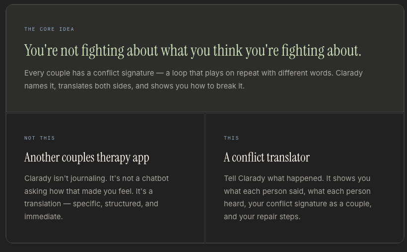 Digital page explaining relationship conflicts and conflict resolution tools, including a conflict translator that shows dialogues between partners and a therapy app not focused on journaling.