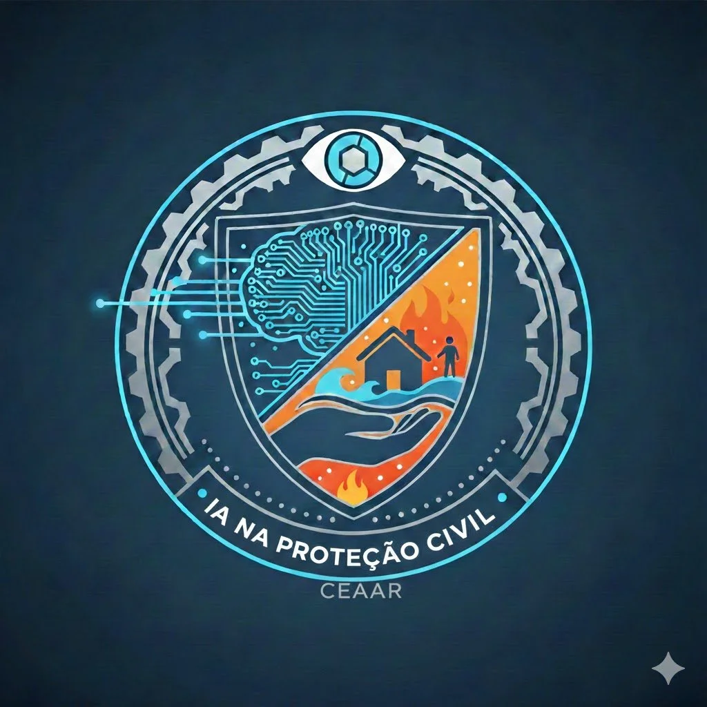 Emblema com elementos que representam tecnologia, proteção civil e desastres naturais, incluindo circuito eletrônico, incêndio, água, uma casa, e uma mão. Texto ao redor: "IA NA PROTEÇÃO CIVIL" e abaixo "CEAAR".