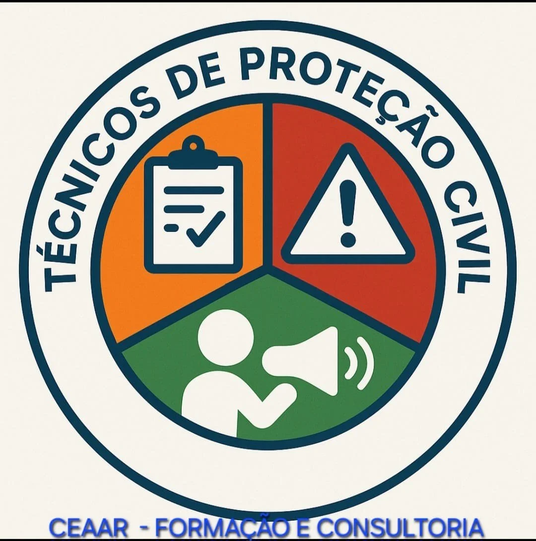 Símbolo de avaliação de medidas de segurança no trabalho, dividido em três partes: uma com lista de verificação, uma com aviso de perigo, e uma com pessoa falando em um megafone, com o texto "Técnicos de Proteção Civil" ao redor e "CEAR - Formação e Consultoria" na parte inferior.