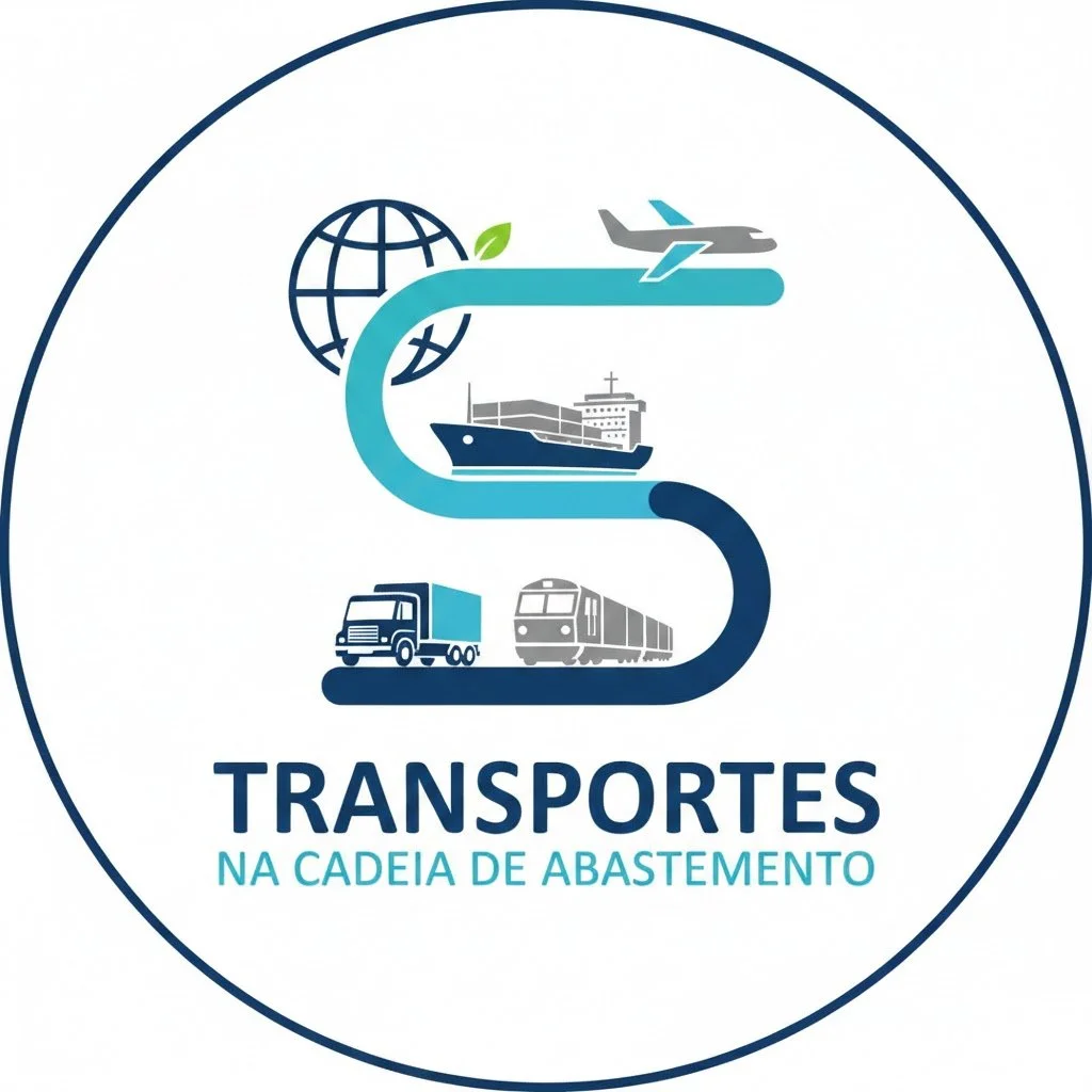 Logotipo representando diferentes meios de transporte na cadeia de abastecimento: avião, navio, caminhão e trem, com a inscrição 'Transportes na Cadeia de Abastecimento'.