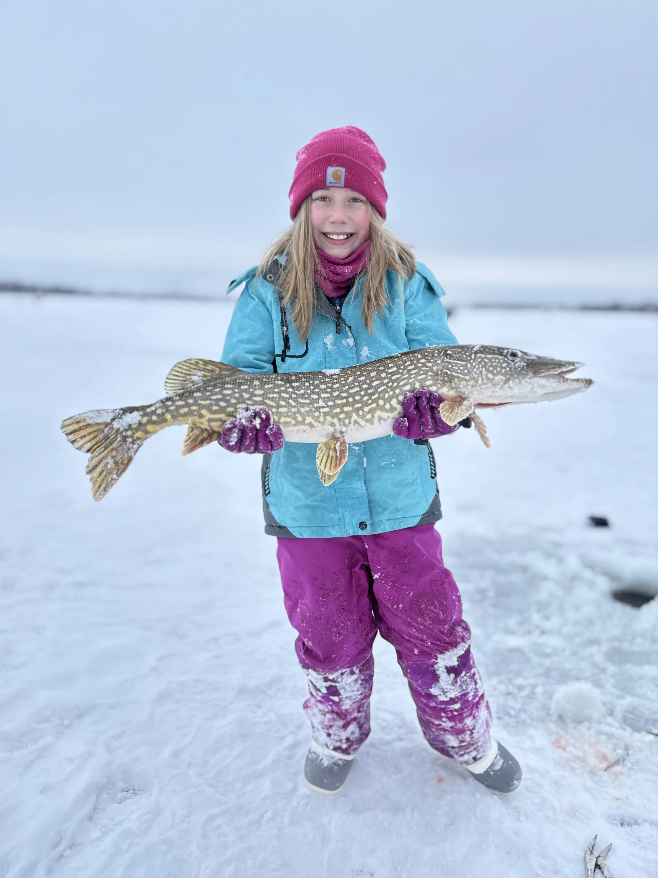 Young girl standing on snow, holding a large fish she caught, wearing a pink beanie, blue jacket, pink pants, and purple gloves, with an icy landscape in the background.