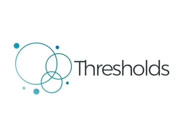 Thresholds logo - 3 blue circles interlocking on the left with the text 'Thresholds' written in black on the right.