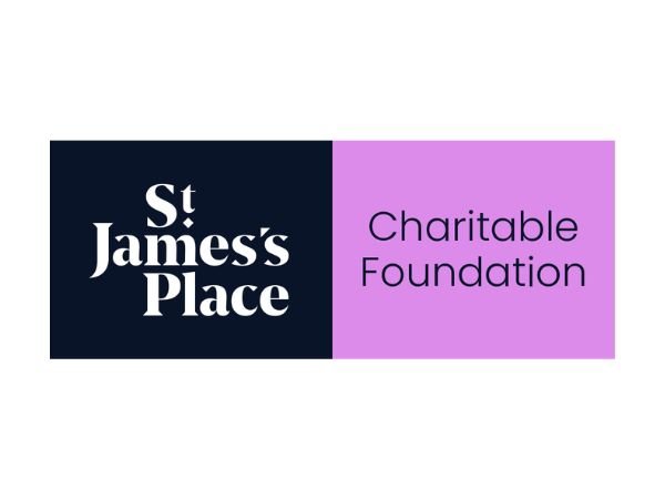 Logo with text that says 'St James's Place' in white text on a black background and text that says 'Charitable Foundation' in black text on a purple background.