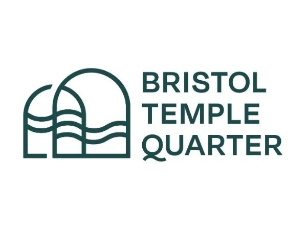 Bristol Temple Quarter logo - written in black with two curved archways to the left of it with 2 lines running through.