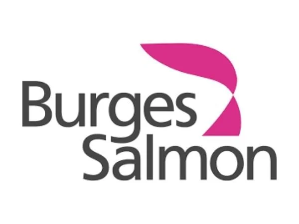Burges Salmon logo - black writing with a pink ribbon next to the s of 'Burges'.