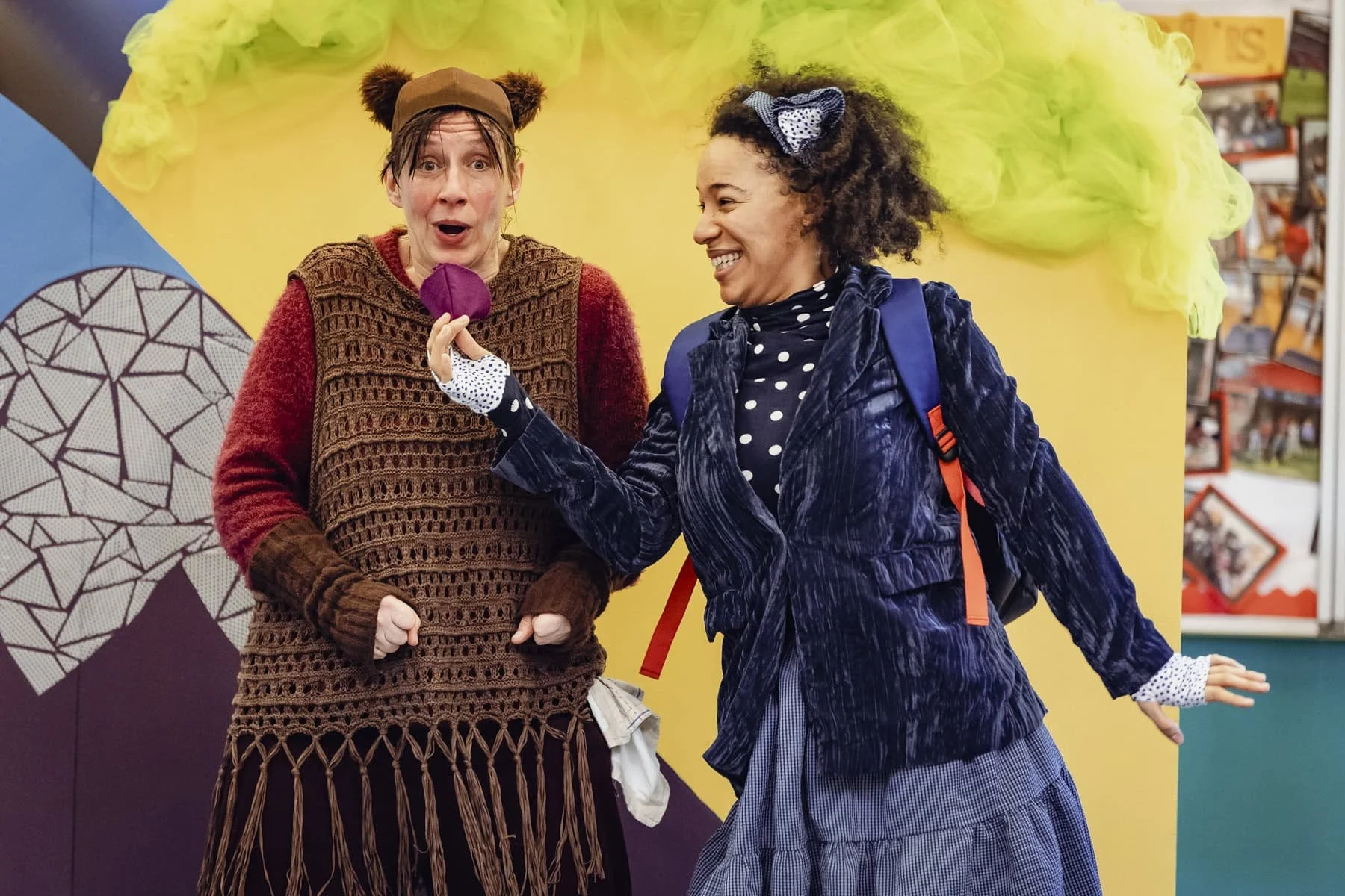 Two women dressed as Belinda Bear and Delilah Deer perform in The Forest Door.
