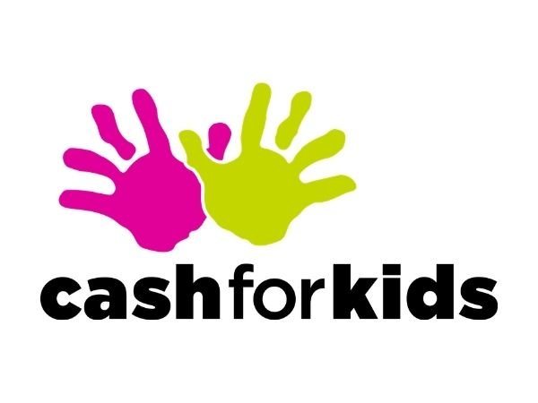 Cash for Kids logo - 'cashforkids' written in black with two hands prints above it, one purple and one green.