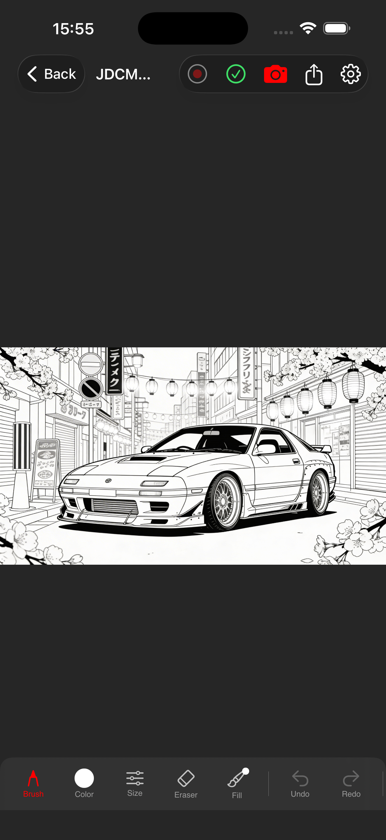 Black and white drawing of a sports car parked on a street with Japanese lanterns and signs, cherry blossom trees in background.