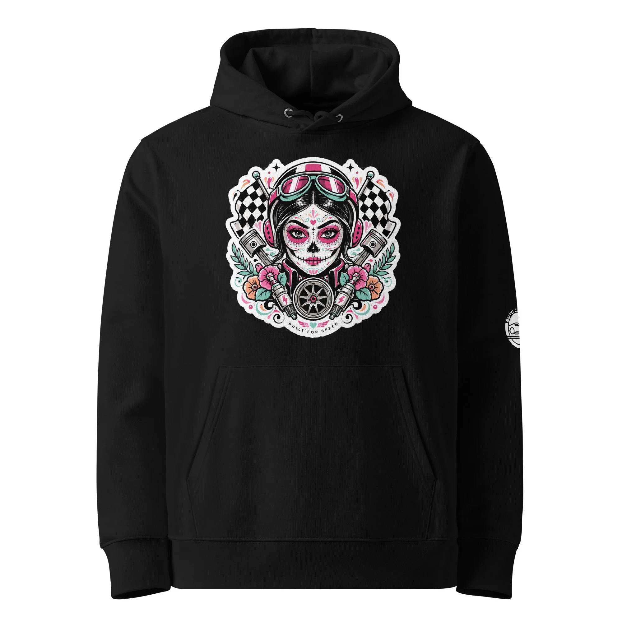 Day of the Dead Built for Speed unisex essential hoodie in black ‚Äî front view