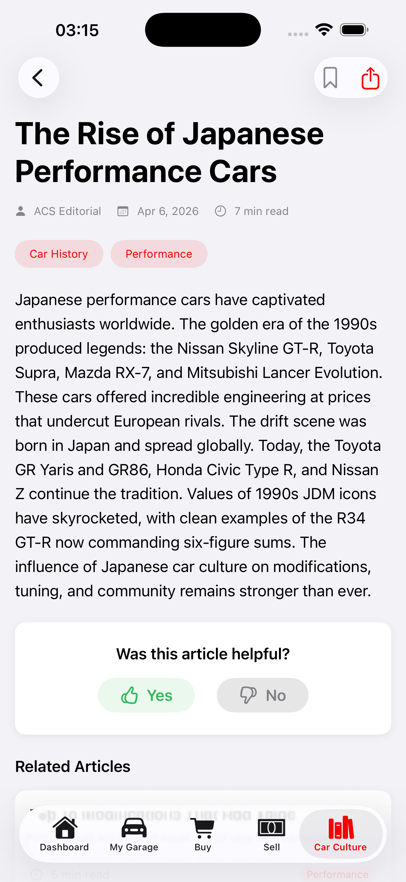 Screenshot of an article titled 'The Rise of Japanese Performance Cars' on a mobile device, discussing Japanese performance cars from the 1990s and their influence on car culture.