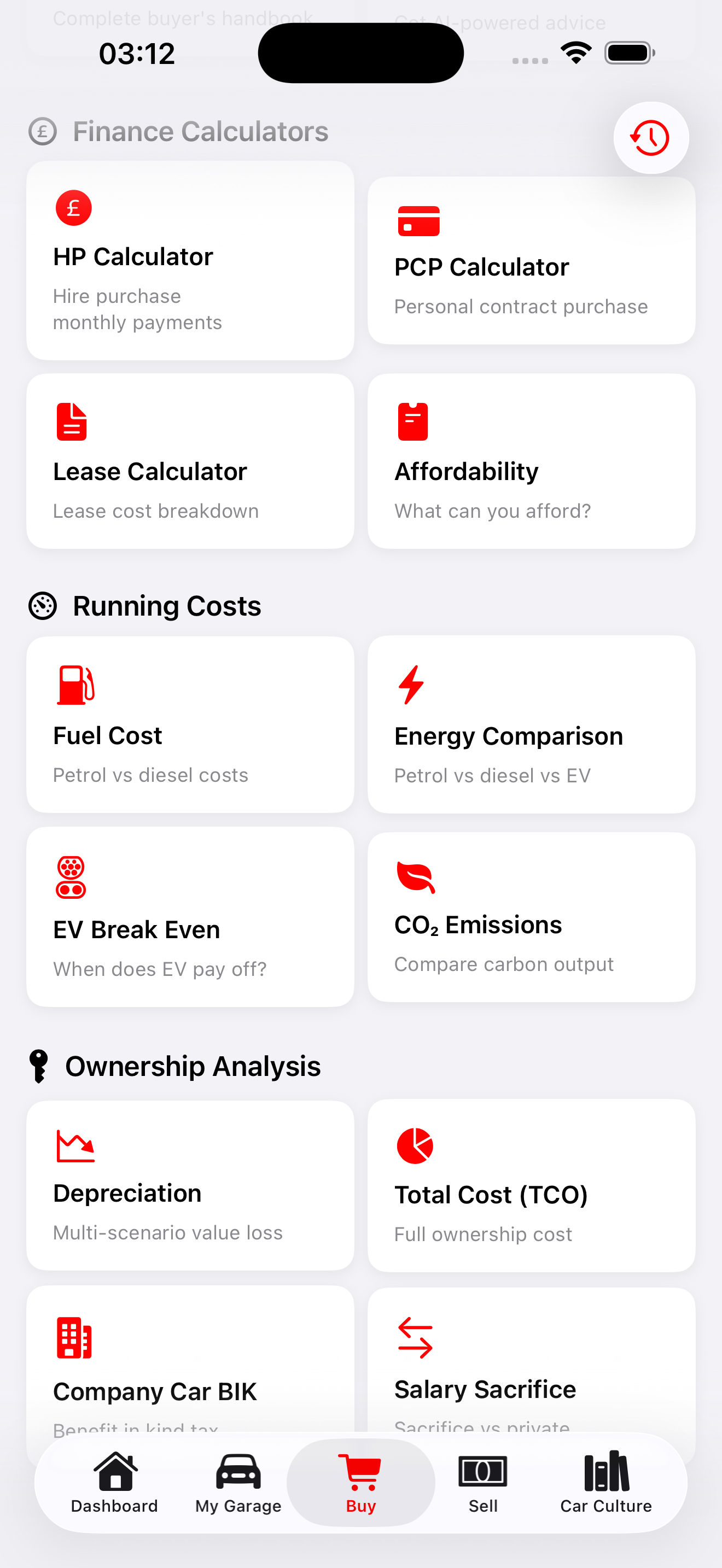 Screenshot of a mobile app interface showing various financial calculators and analysis tools related to vehicle ownership and costs, including sections for finance calculators, running costs, and ownership analysis, with icons and labels for each feature.