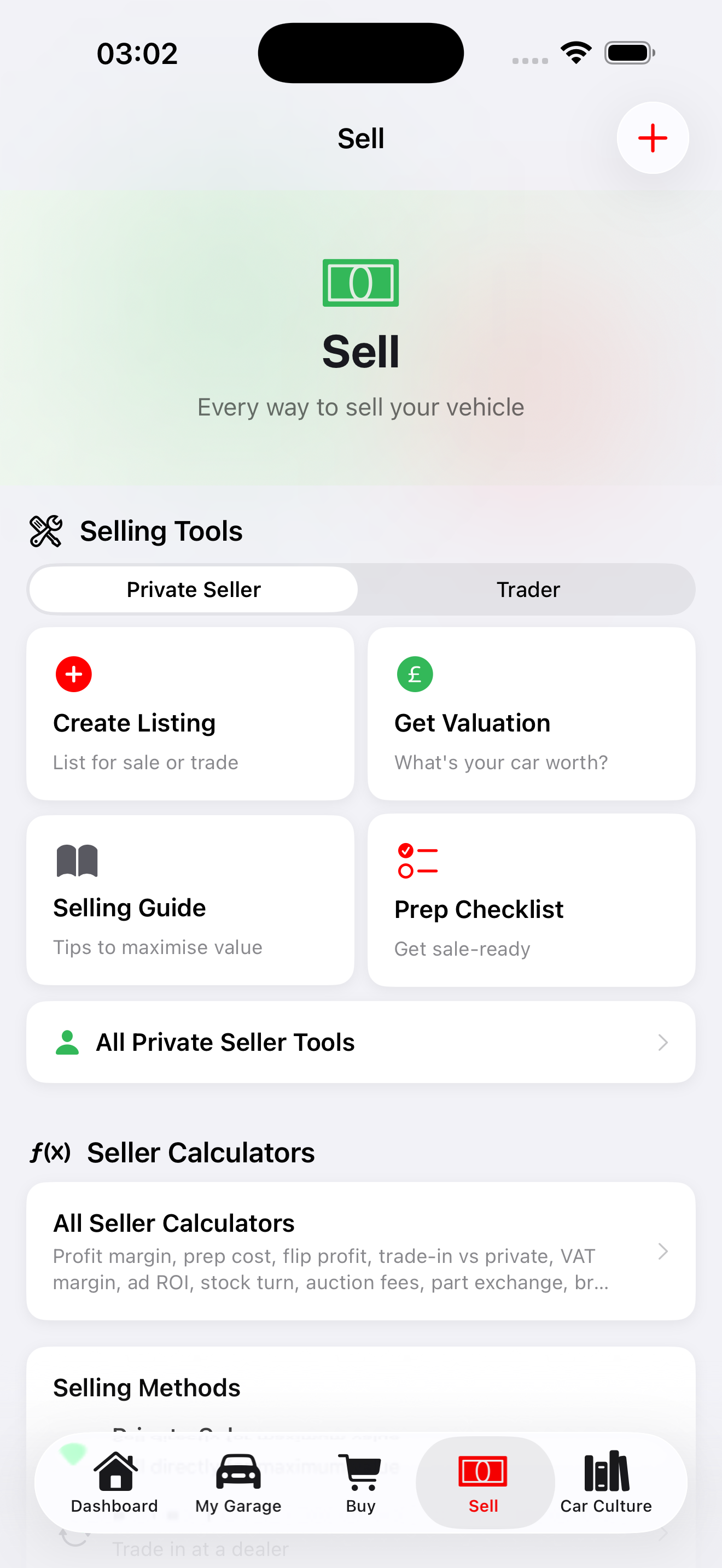 A mobile app screen displaying tools for selling a vehicle, including creating a listing, getting a valuation, a selling guide, and a prep checklist, with navigation options at the bottom for Dashboard, My Garage, Buy, Sell, and Car Culture.