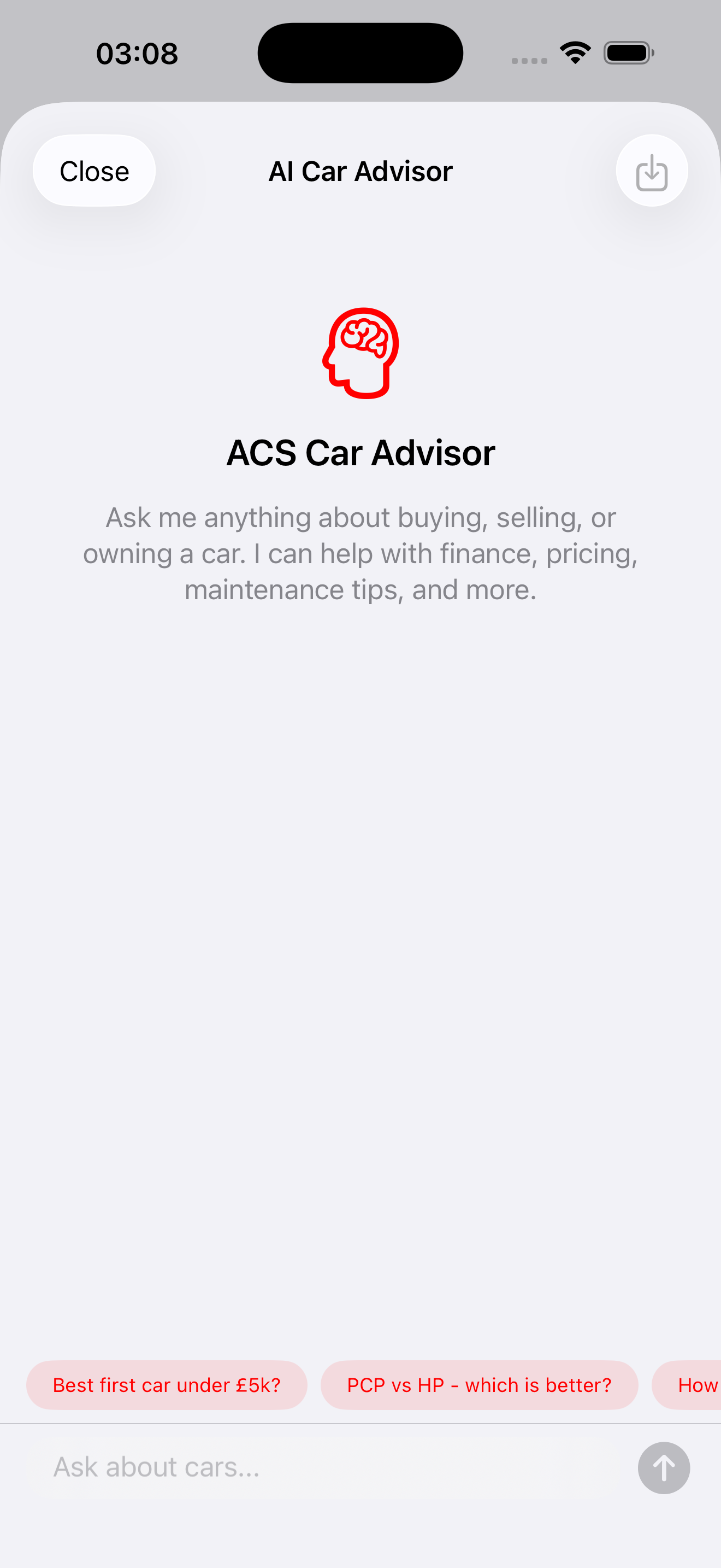 Mobile app screen for 'AI Car Advisor' with a red brain icon, showing a description about helping with buying, selling, or owning a car, including finance, pricing, and maintenance tips.