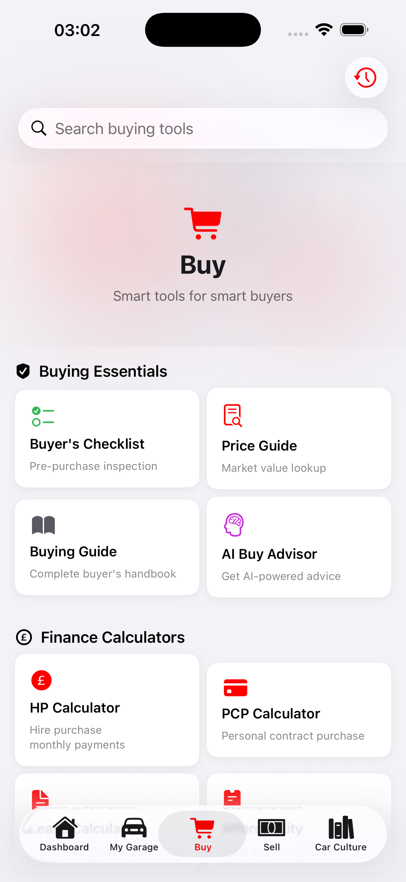 Mobile app screen showing a shopping section titled 'Buy' with a red shopping cart icon, search bar, and categories for buying essentials and finance calculators.