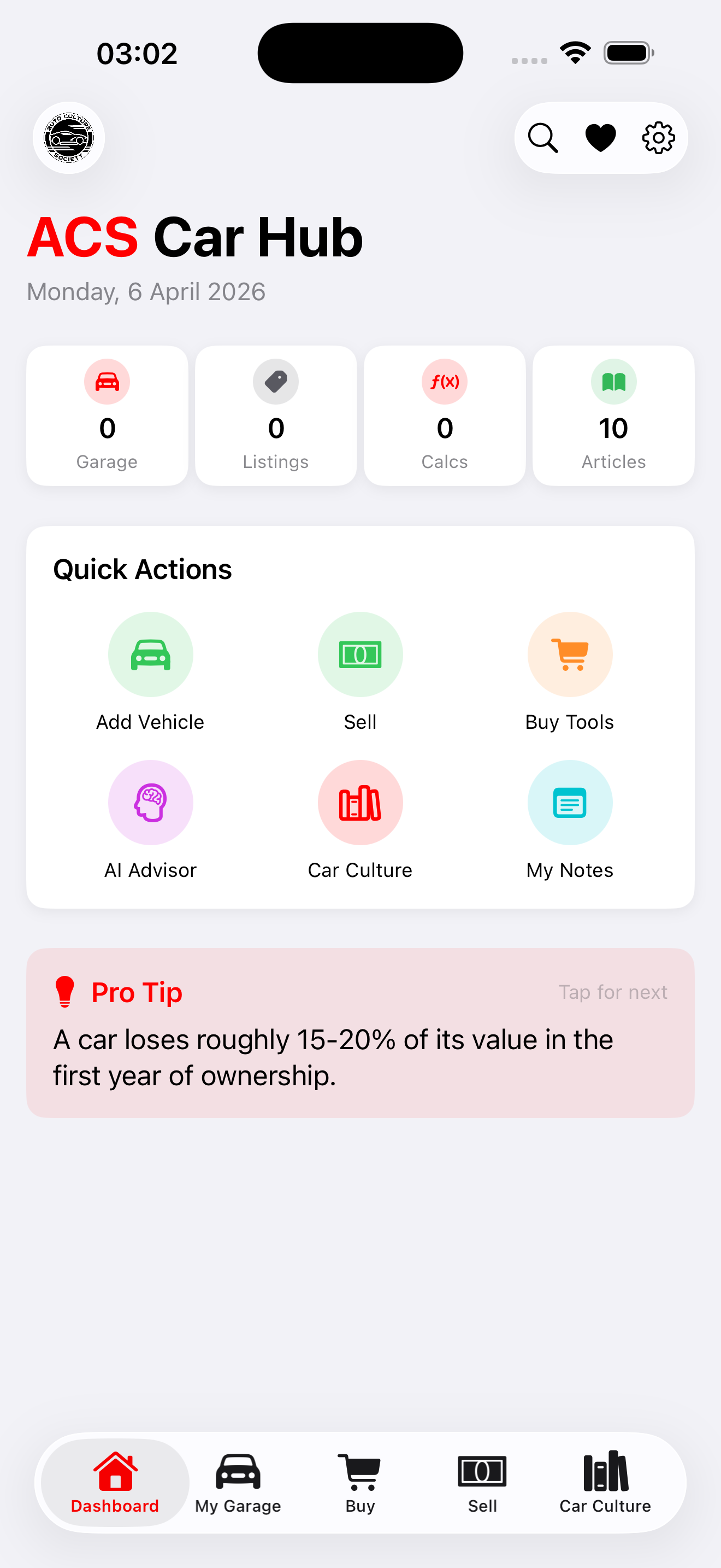 Mobile app dashboard for an online car hub, showing date, time, and sections for garage, listings, calcs, articles, quick actions such as add vehicle, sell, buy tools, AI advisor, car culture, and notes, with a pro tip about car depreciation.