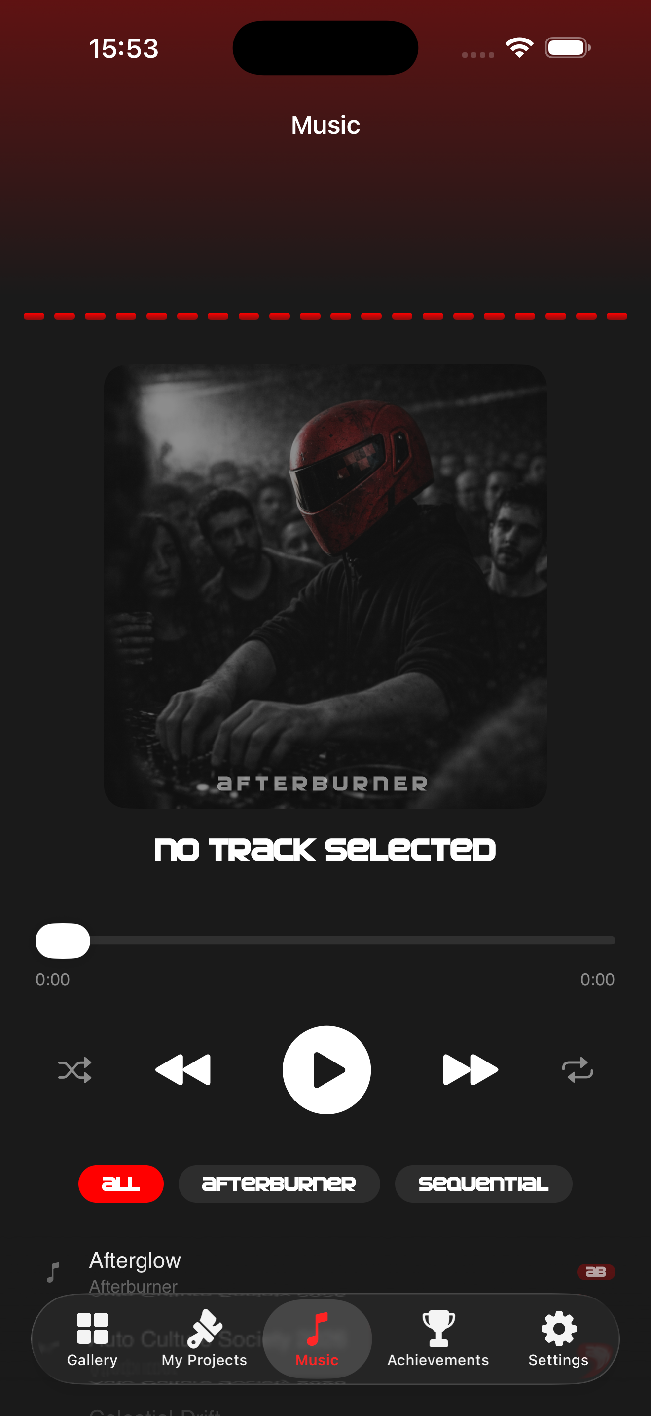 Mobile music app screen showing album cover for 'Afterburner' by Afterburner, with no track selected, play controls, and navigation buttons at the bottom.