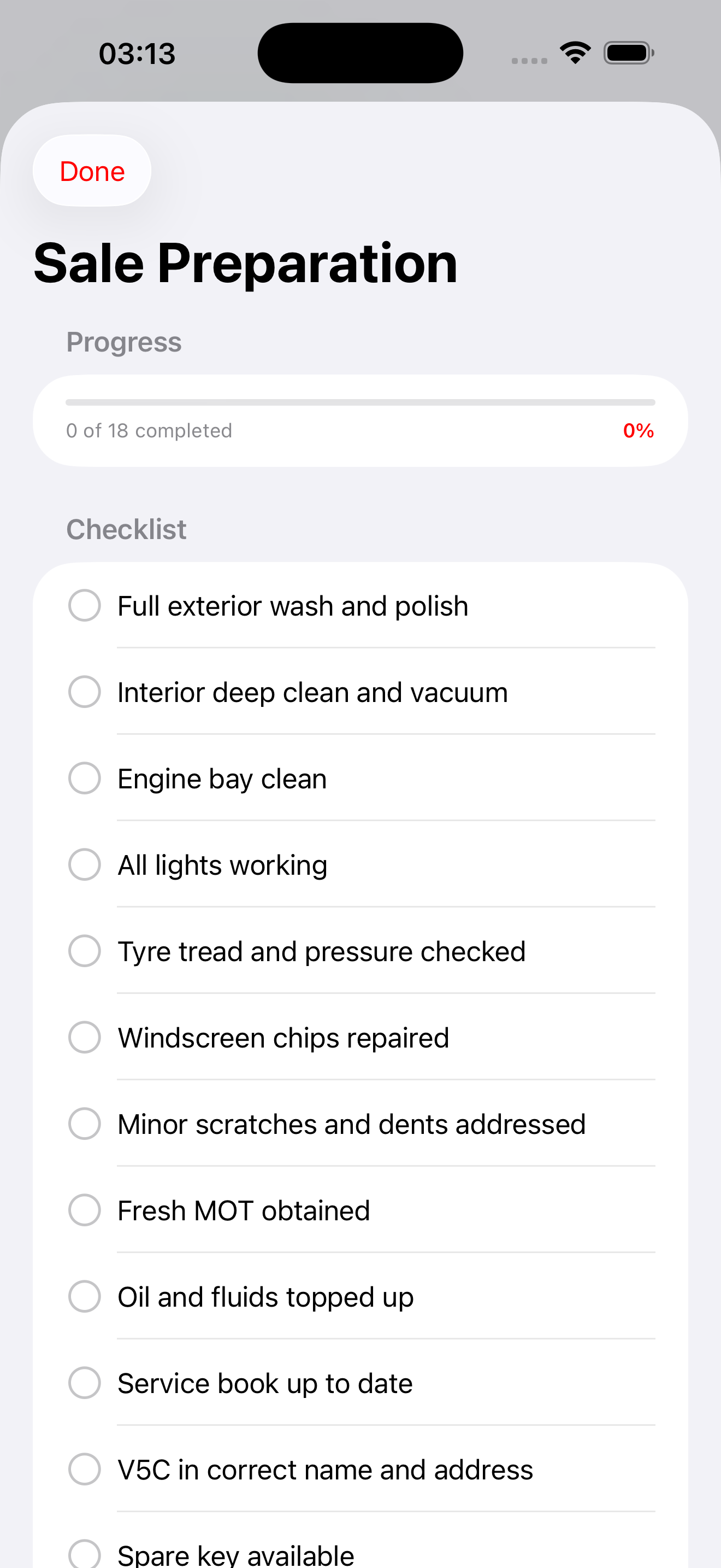 A mobile phone screen displaying a checklist for car sale preparation, including tasks like exterior wash, interior cleaning, engine bay cleaning, and checking lights and tires.