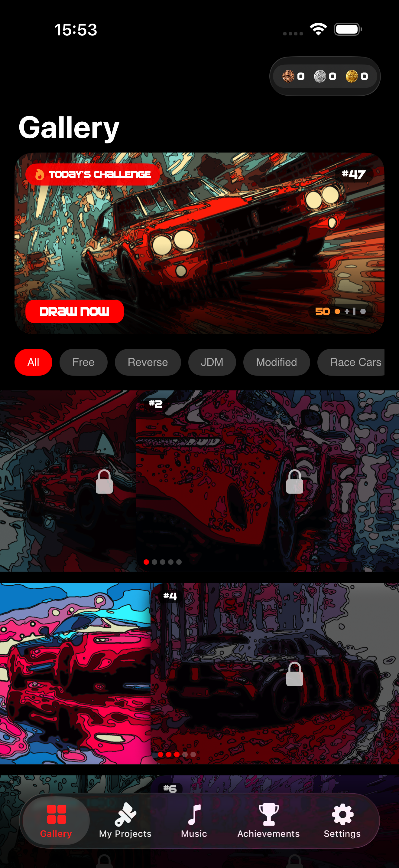 Digital gallery interface showing car images and a challenge prompt to draw a race car.