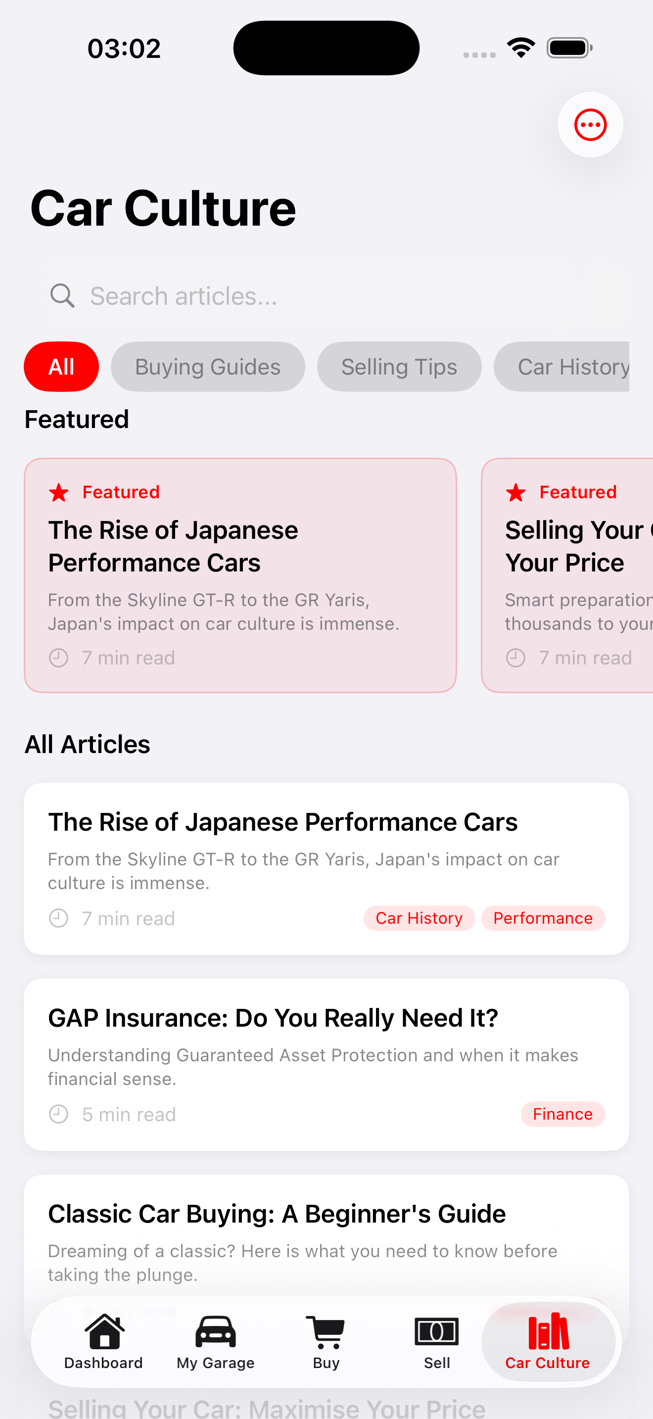 Screenshot of a mobile app or website called Car Culture featuring articles about Japanese performance cars, car history, finance, and beginner car buying guides. The interface shows a search bar, category tabs, featured articles, and a bottom navigation menu with icons for dashboard, garage, buy, sell, and a highlighted car culture section.
