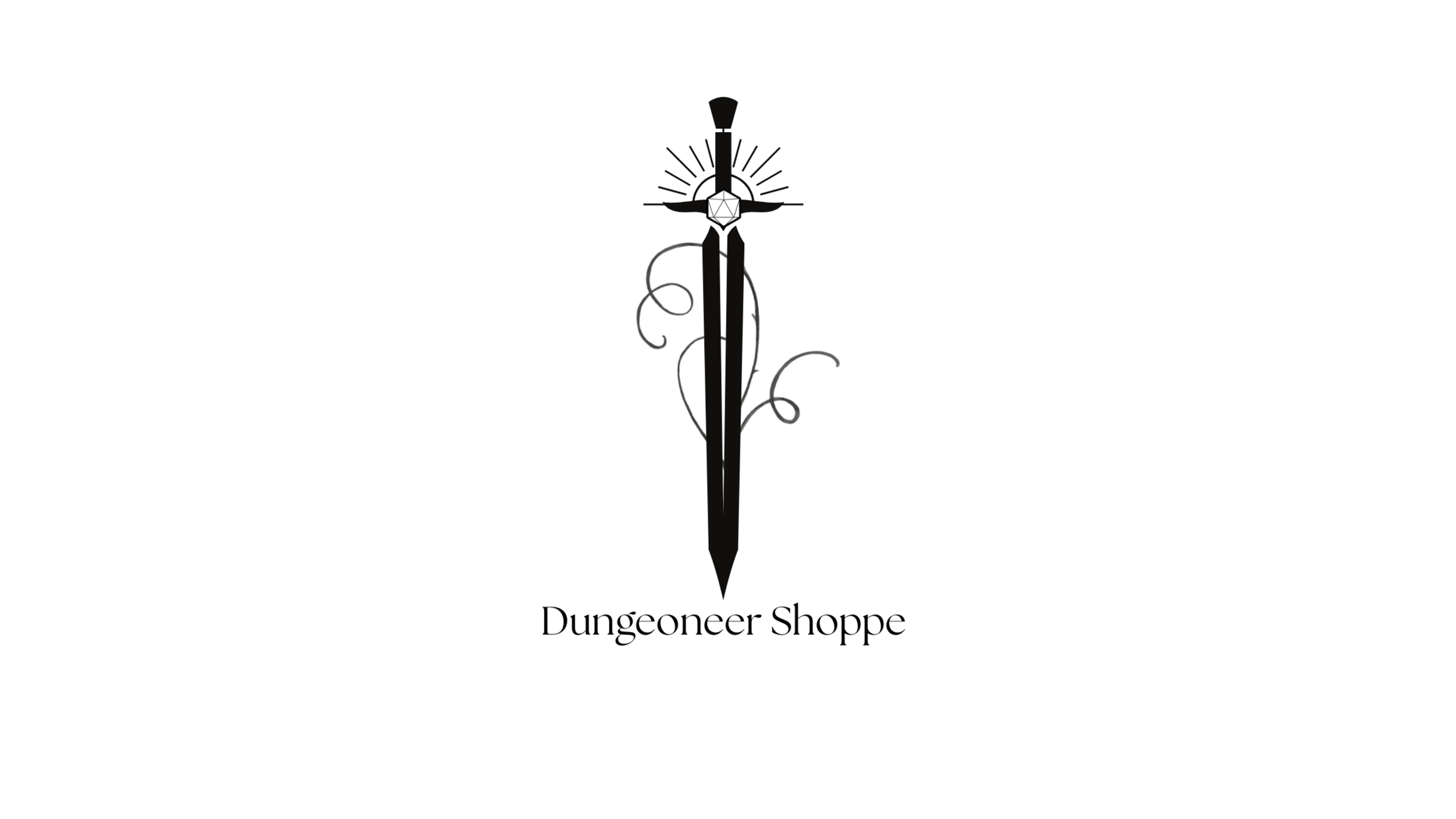 A black illustration of a sword with a D20 in the crossguard, glowing lines emanating from the gem, and decorative swirls around the blade, with the text 'Dungeoneer Shoppe' underneath.