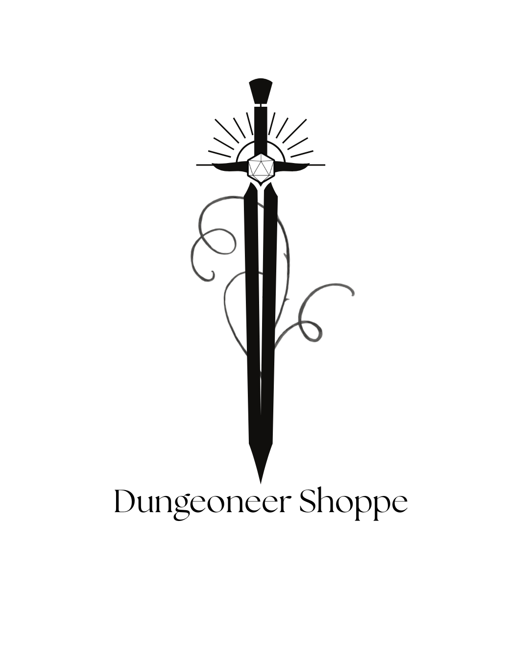 A black illustration of a sword with intricate design elements, floral swirls, and a gemstone at the hilt, with the text 'Dungeoneer Shoppe' below.