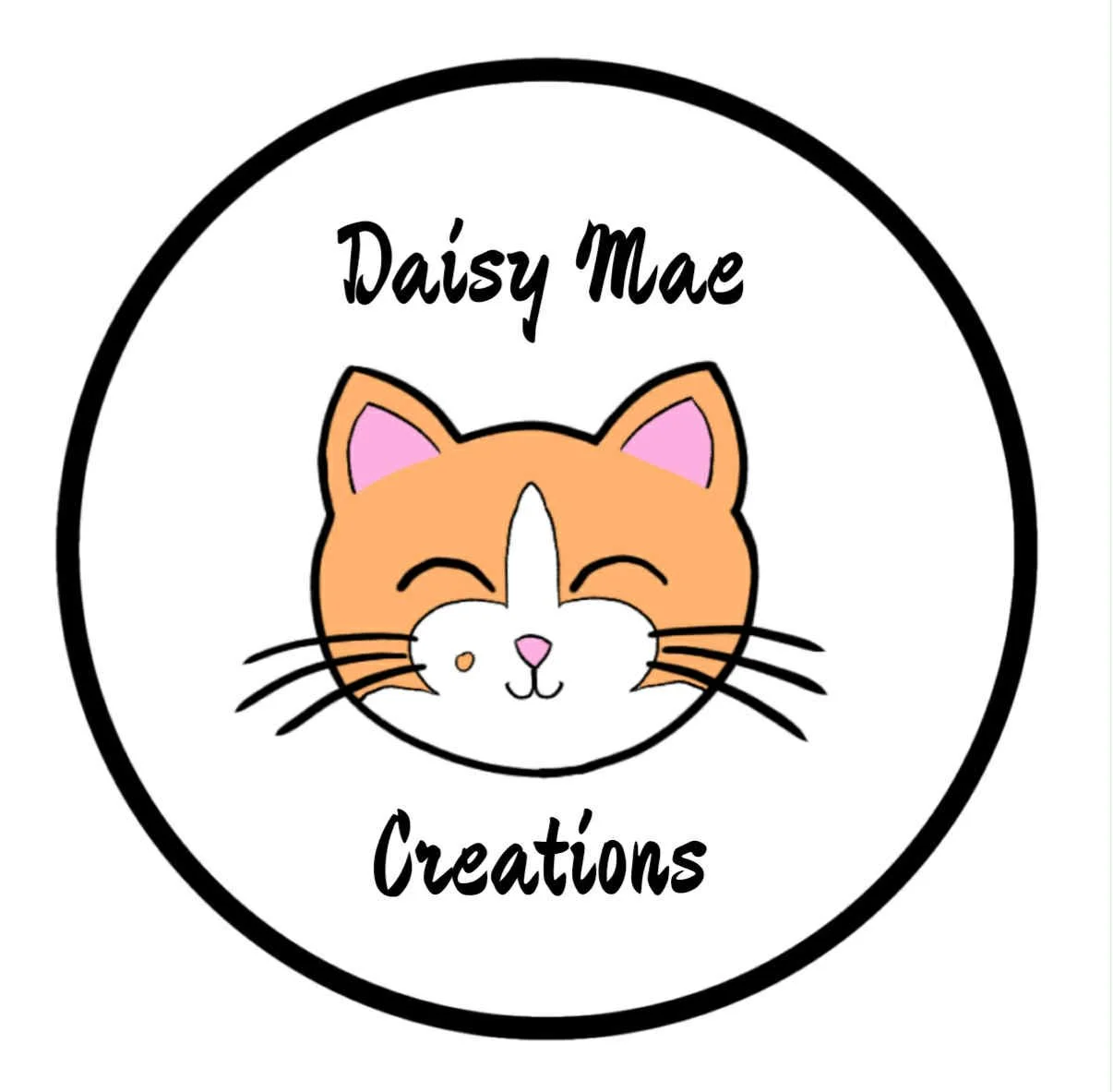 A logo with a cartoon cat face, pink ears, and a orange and white face. The cat is smiling with eyes closed. The text above the cat says 'Daisy Mae' and below says 'Creations' in black cursive font.
