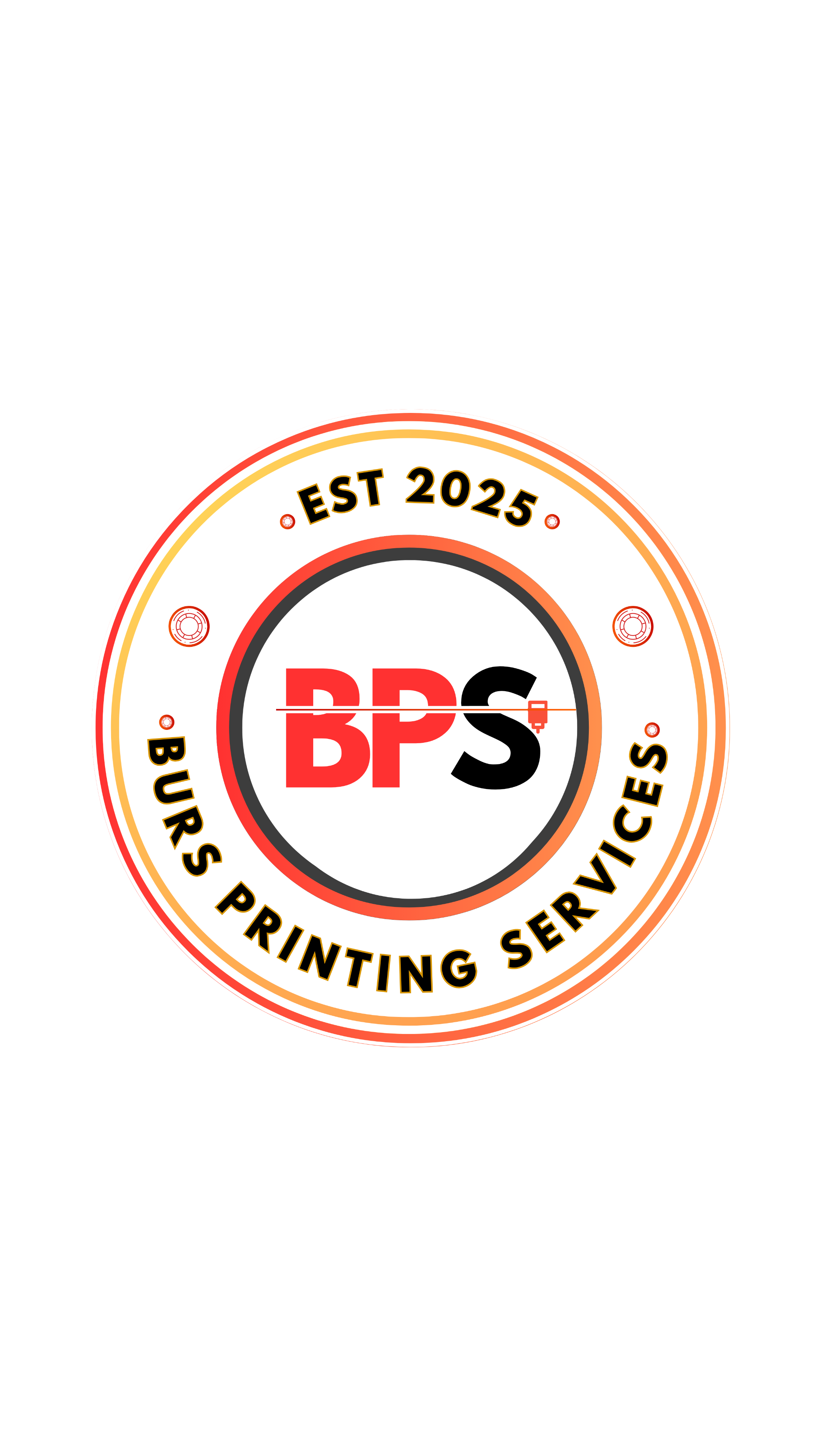 Logo for Burs Printing Services with a circular design, black and red text, and the establishment year 2025.