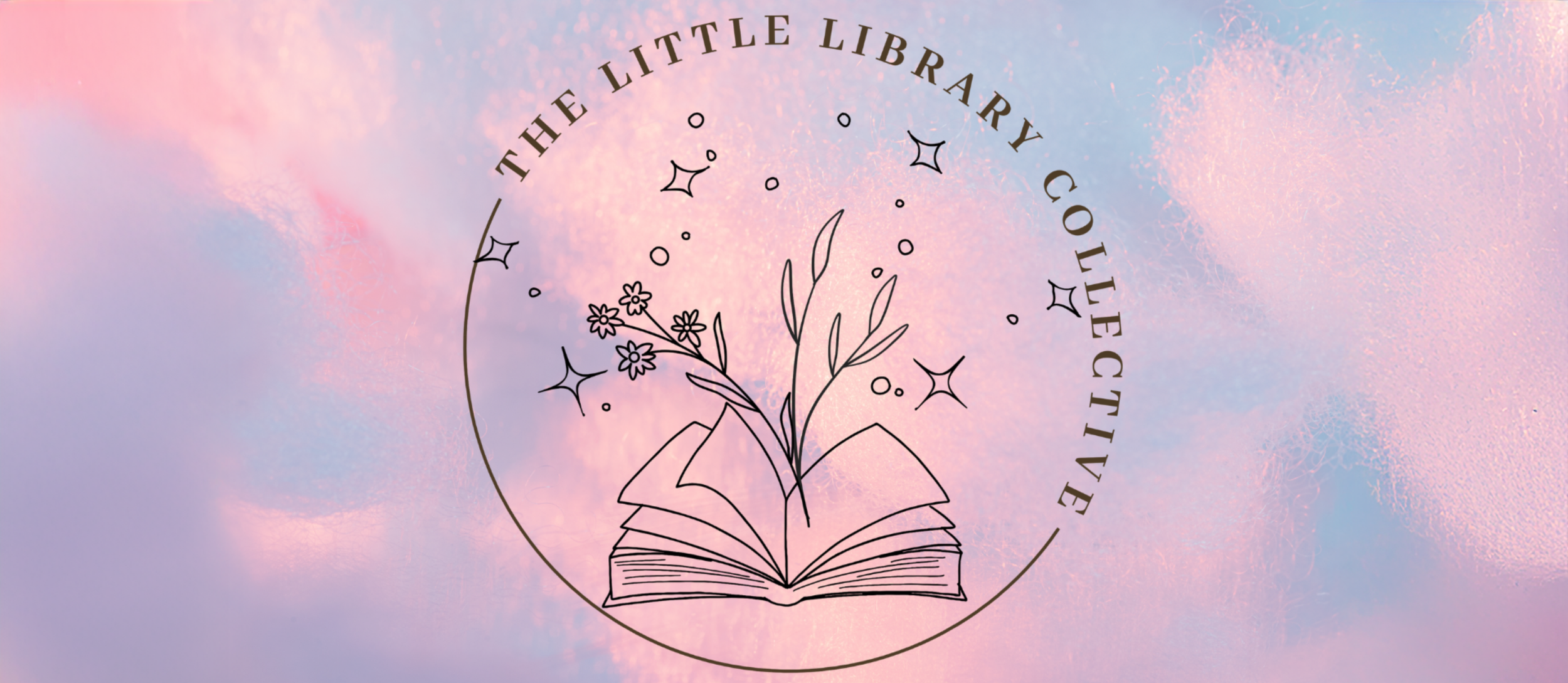 Logo of the Little Library Collective with an open book and a plant, set against a pastel sky background.