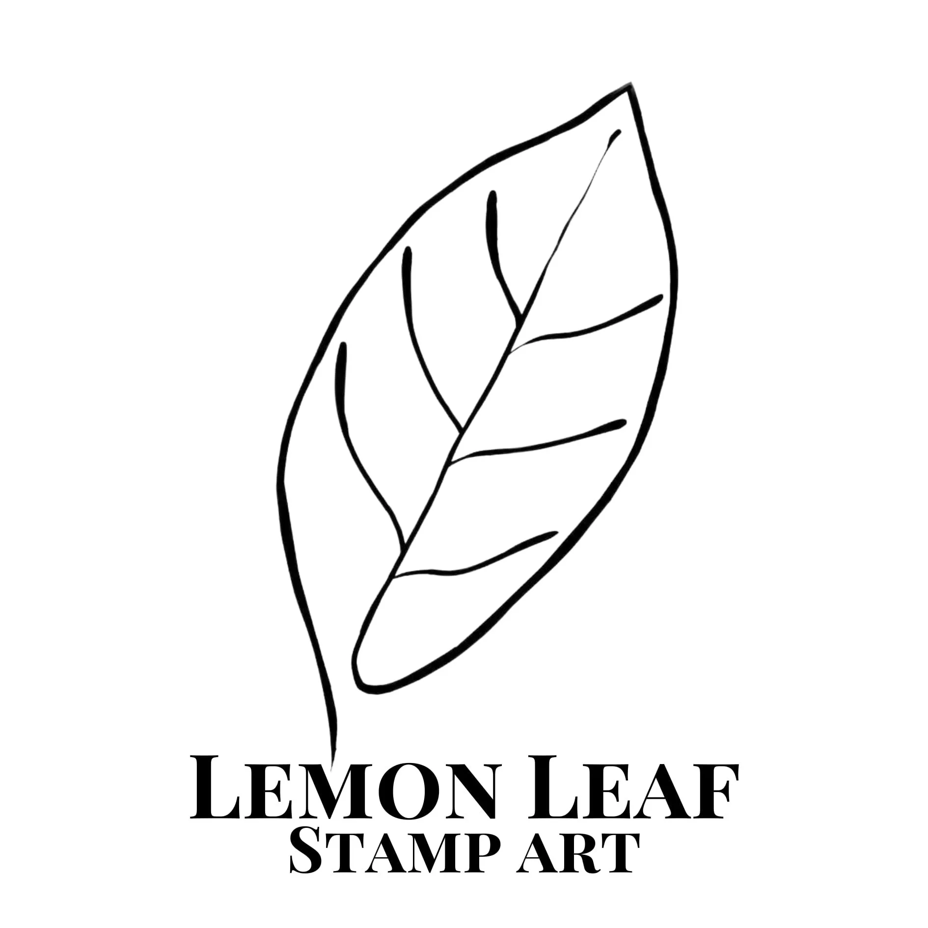 Black and white line drawing of a lemon leaf with text that reads "Lemon Leaf Stamp Art".
