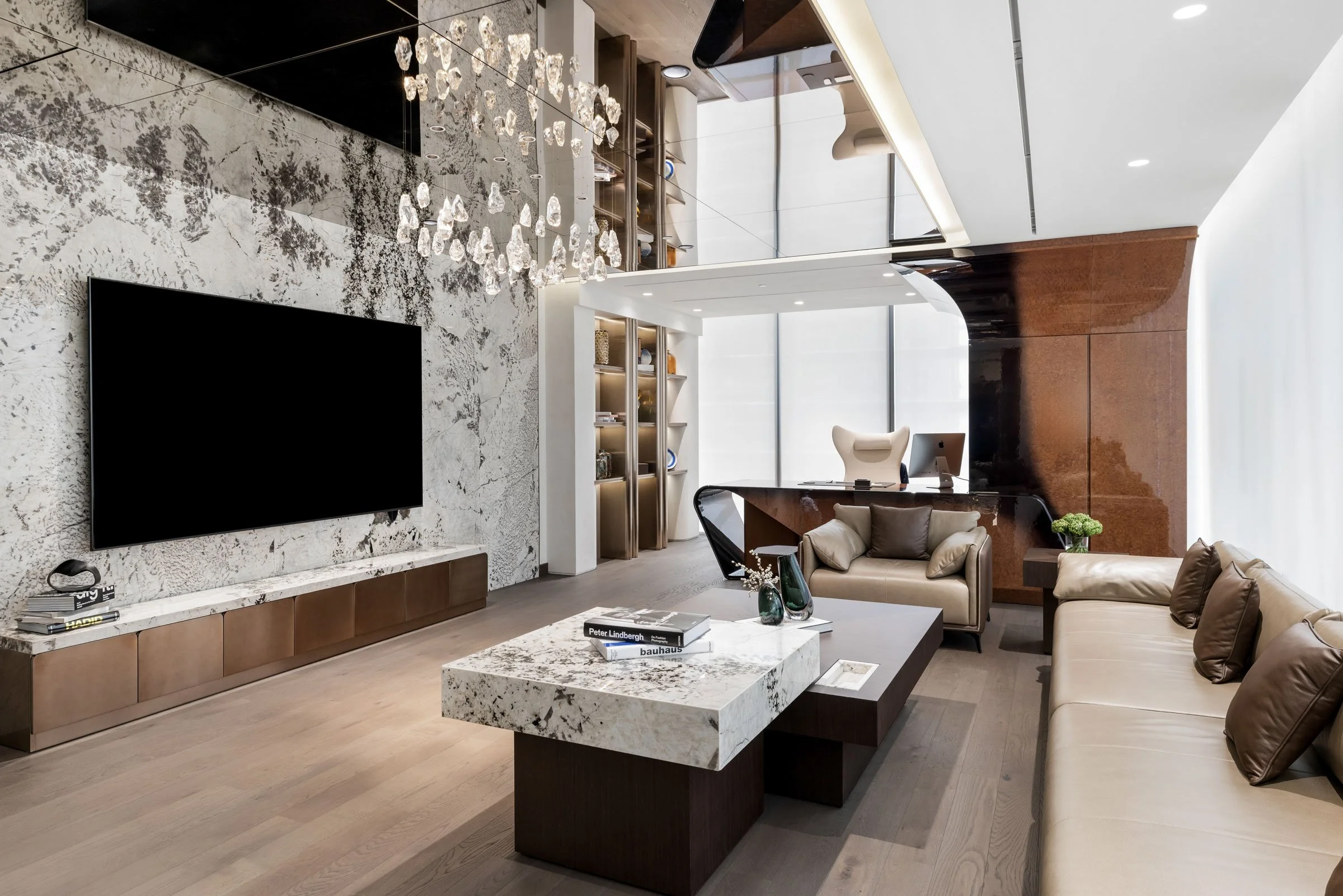Executive office interior photography showcasing custom joinery, sculptural furniture, premium materials and architectural lighting in Dubai.