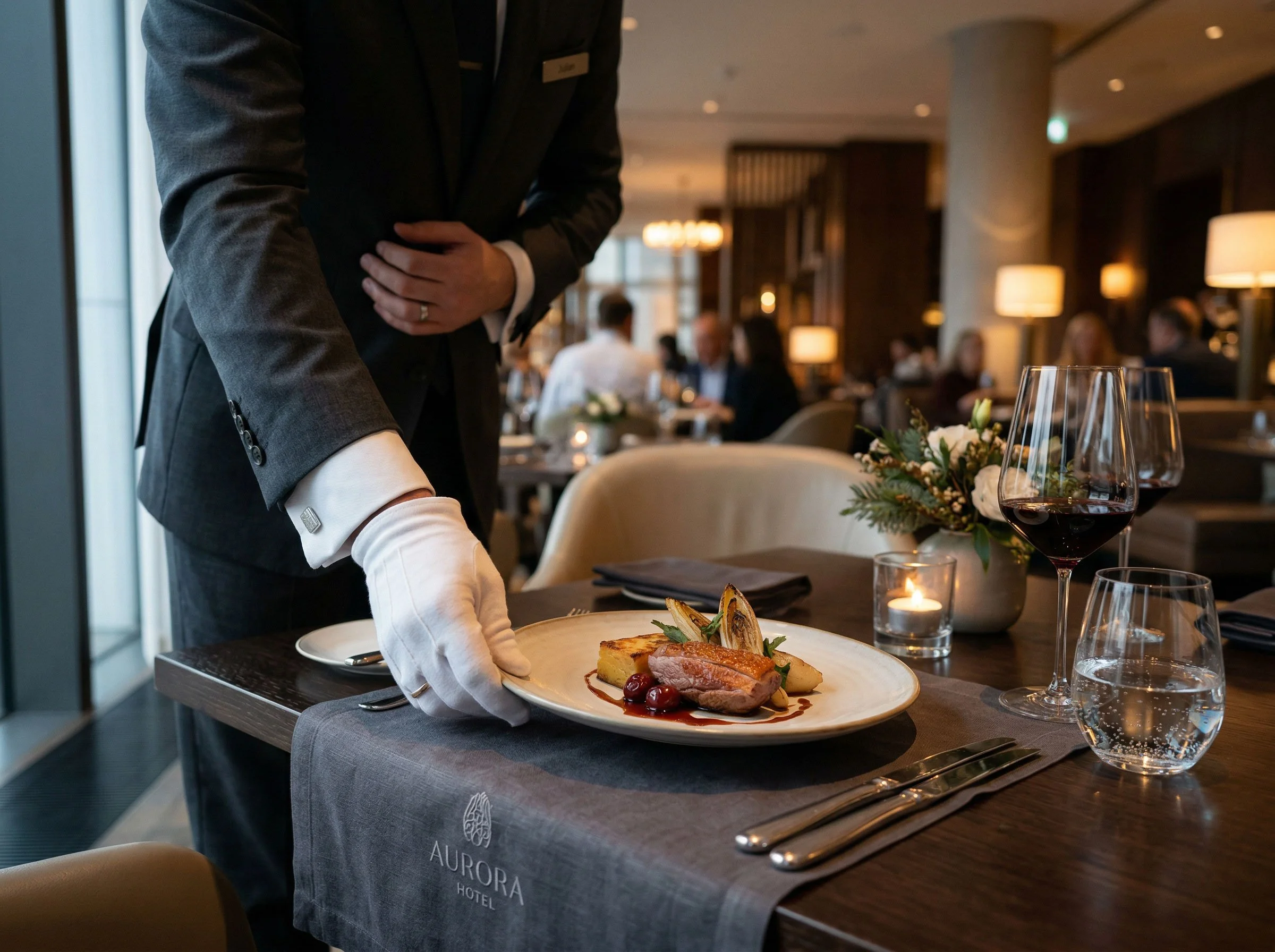 Elegant hotel dining space photographed to showcase interior architecture, natural light, and guest experience.
