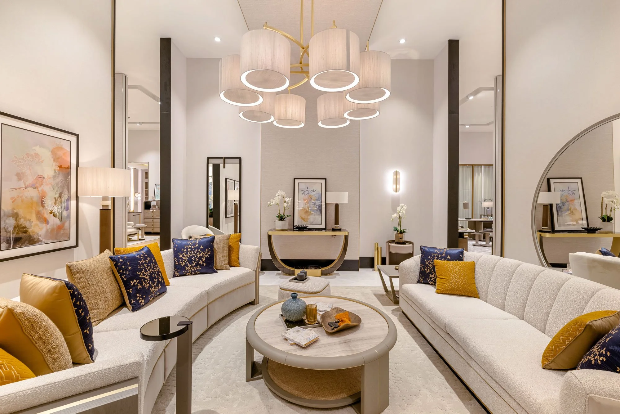 High-end furniture showroom photography highlighting luxury interior design, bespoke furniture collections, and elegant retail spaces in Dubai.