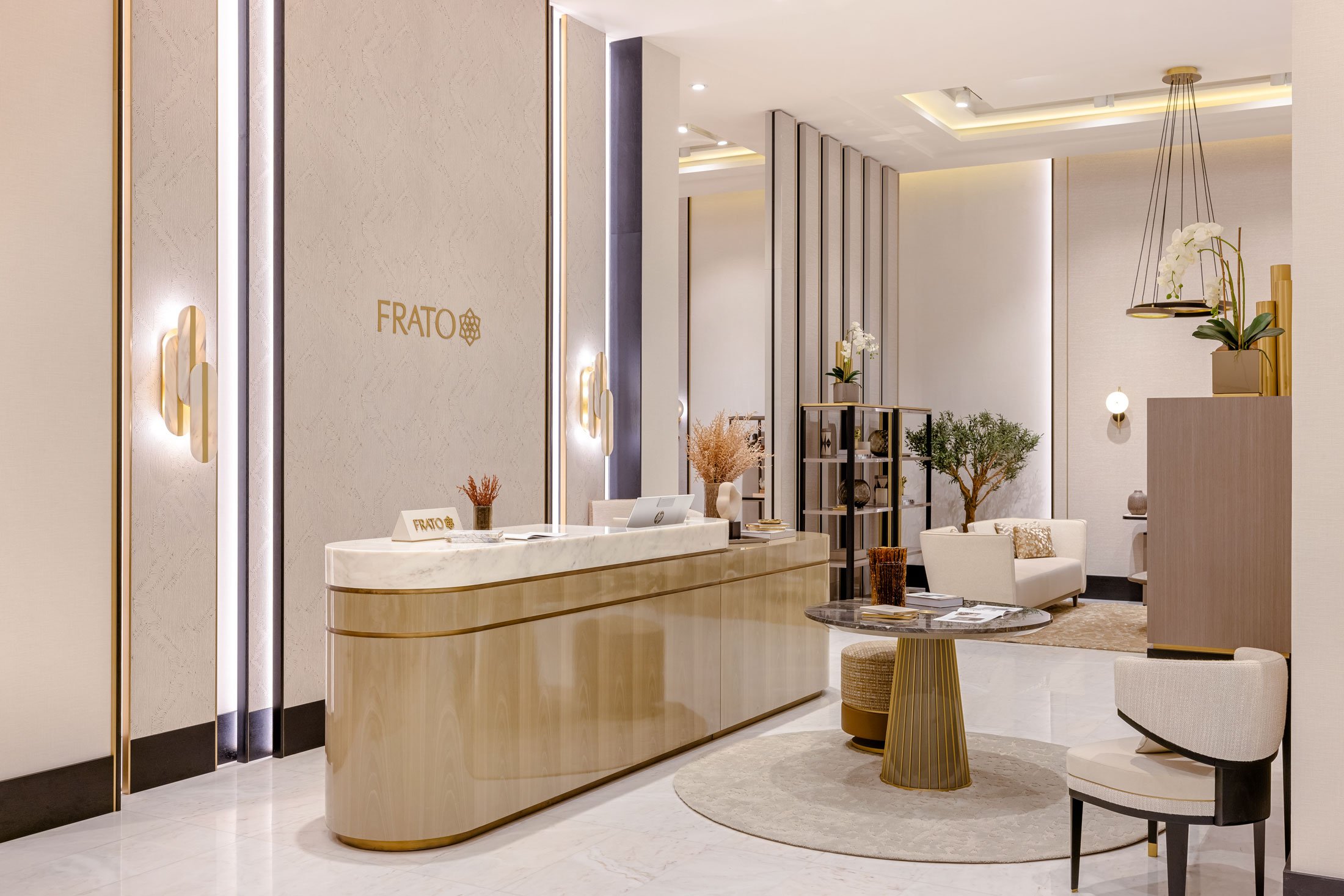 Luxury retail photography capturing premium furniture showroom interiors at Dubai Mall with contemporary design and architectural details.