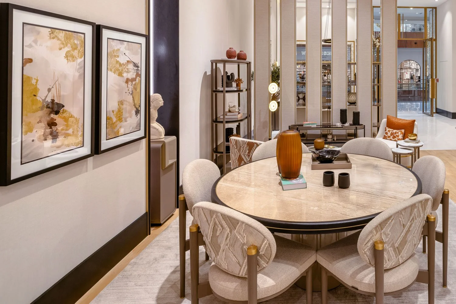 Interior photography of a luxury furniture showroom featuring contemporary bedroom styling, premium materials, and architectural lighting.