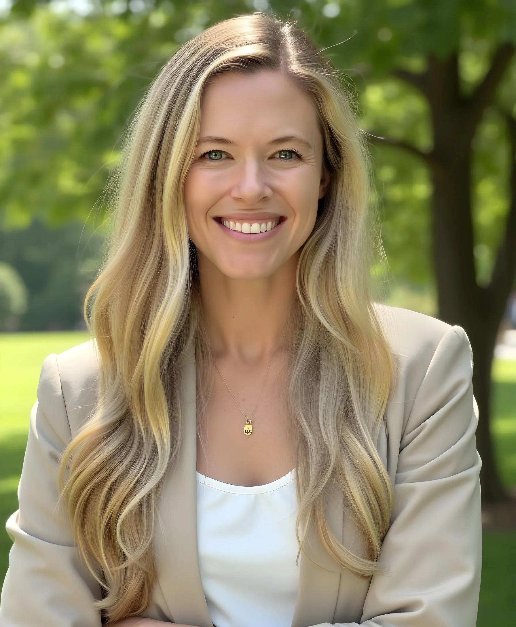 A smiling woman with long blonde hair, wearing a beige blazer and a white top, standing outdoors in a park with green trees in the background.