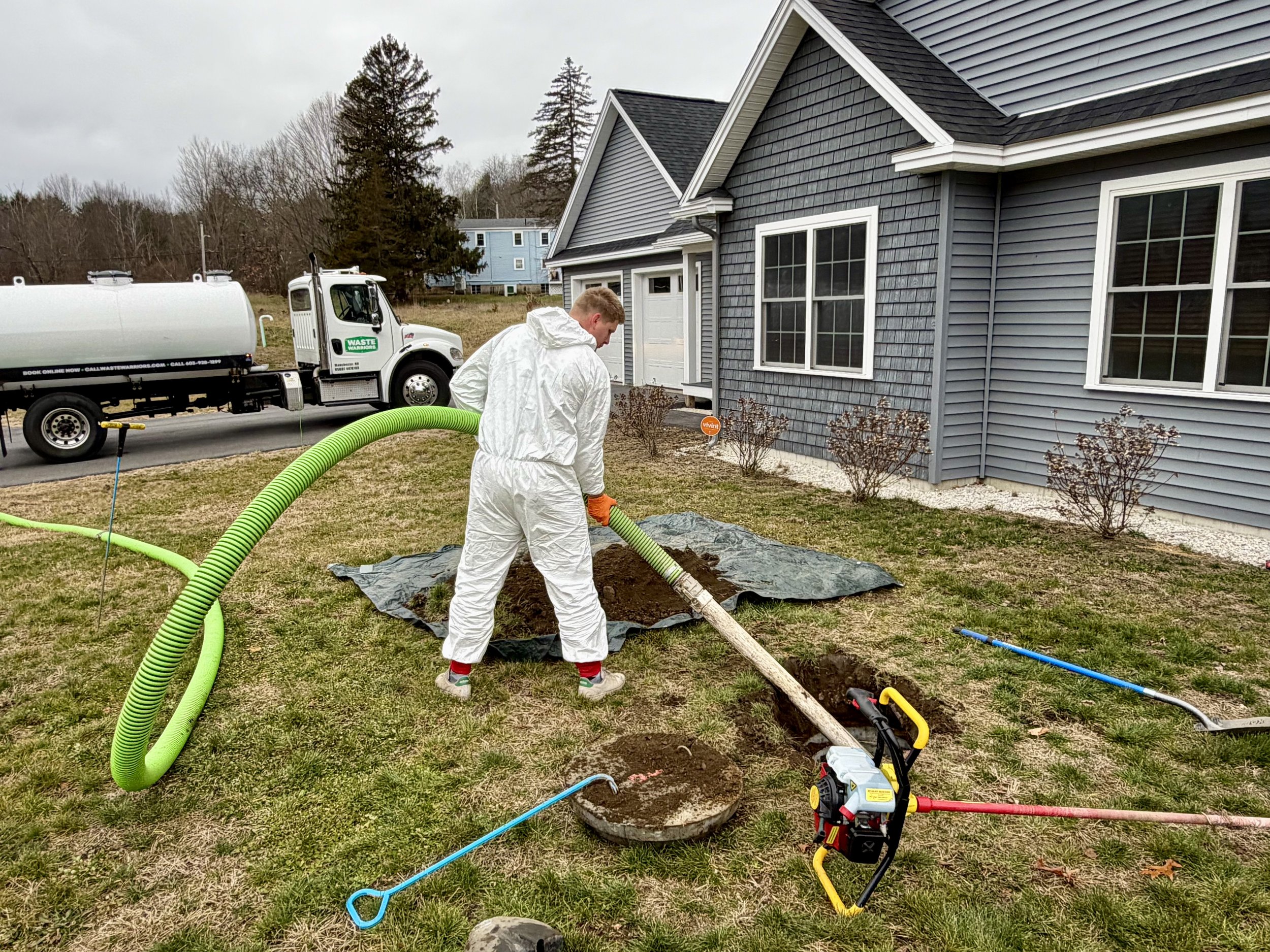Waste Warriors pumping out a septic tank in Bow, NH.